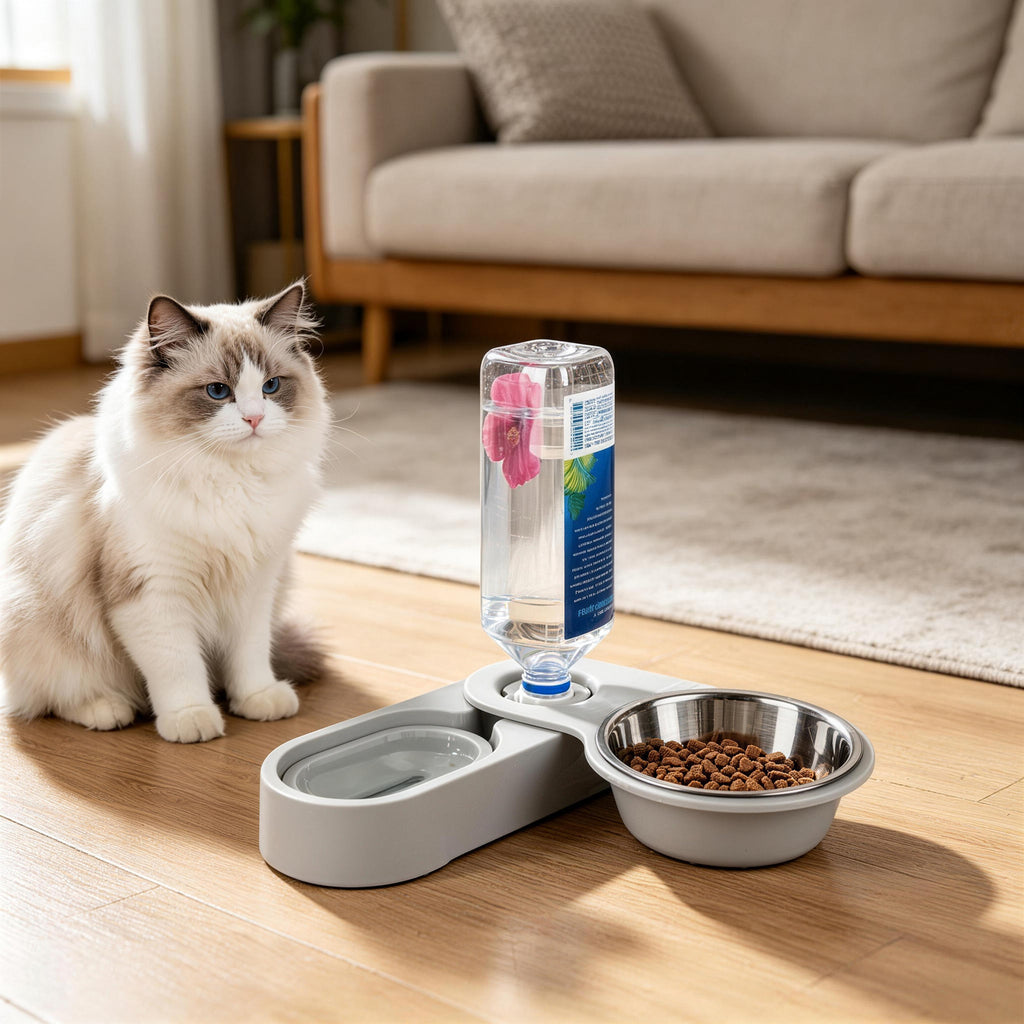 Gravity Water Dispenser for Cats, Pet Drinking Bowl Compatible with Mineral Water Bottles, Automatic Refill Water Feeder, Cat Hydration Station