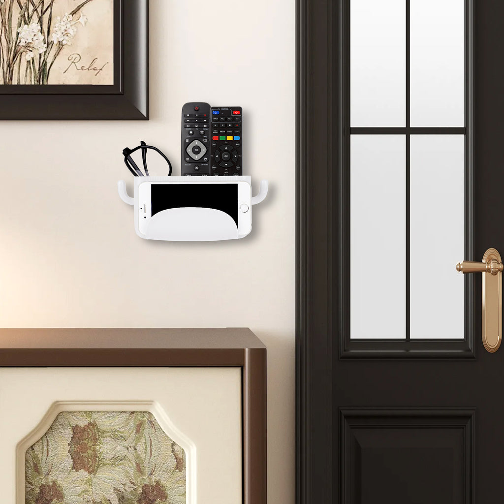 Linkidea Self-Adhesive Wall-Mounted Remote Control Holder with Phone Slot and Side Hooks, No-Drill Plastic Organizer for Small Items (White)