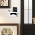 Linkidea Self-Adhesive Wall-Mounted Remote Control Holder with Phone Slot and Side Hooks, No-Drill Plastic Organizer for Small Items (White)
