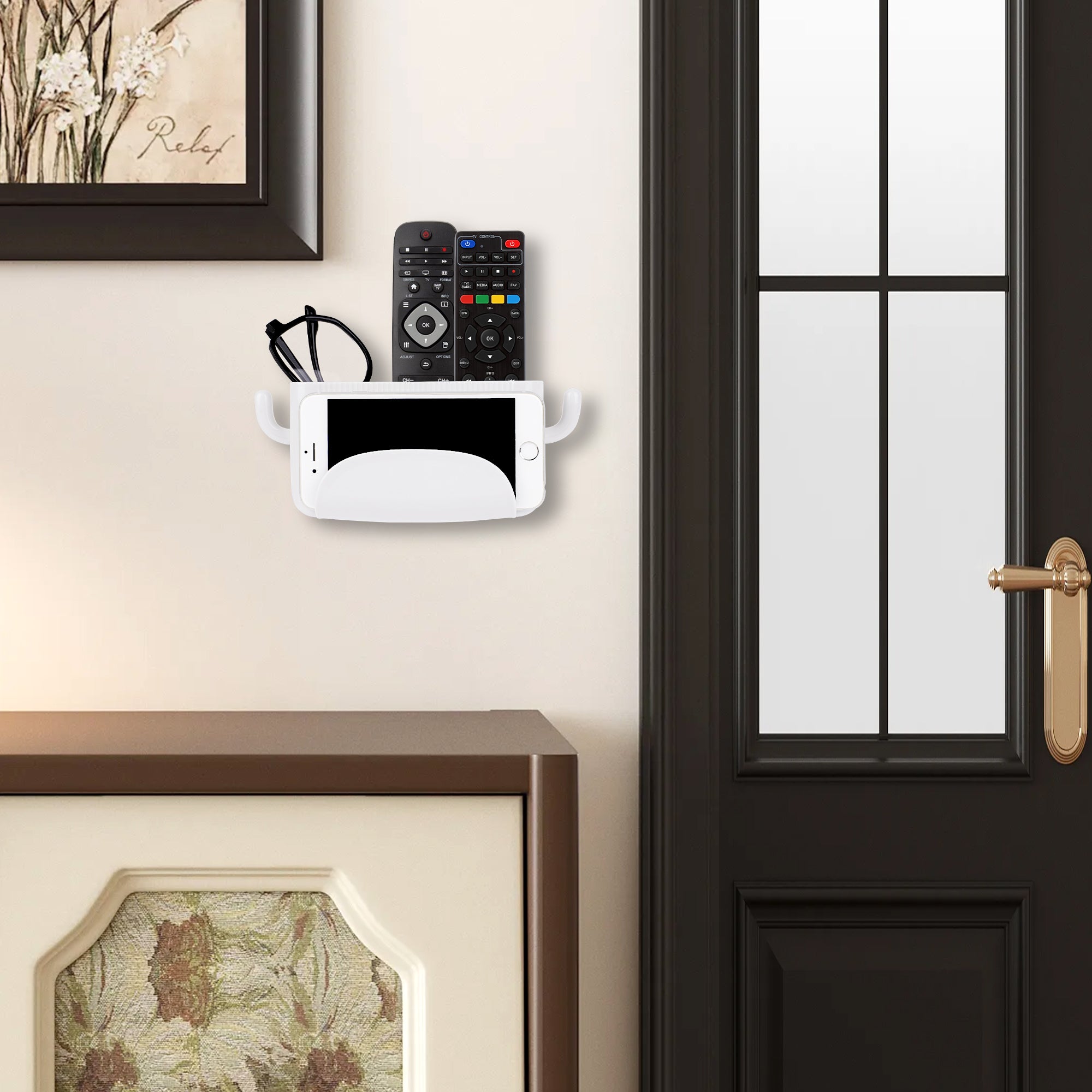 Linkidea Self-Adhesive Wall-Mounted Remote Control Holder with Phone Slot and Side Hooks, No-Drill Plastic Organizer for Small Items (White)