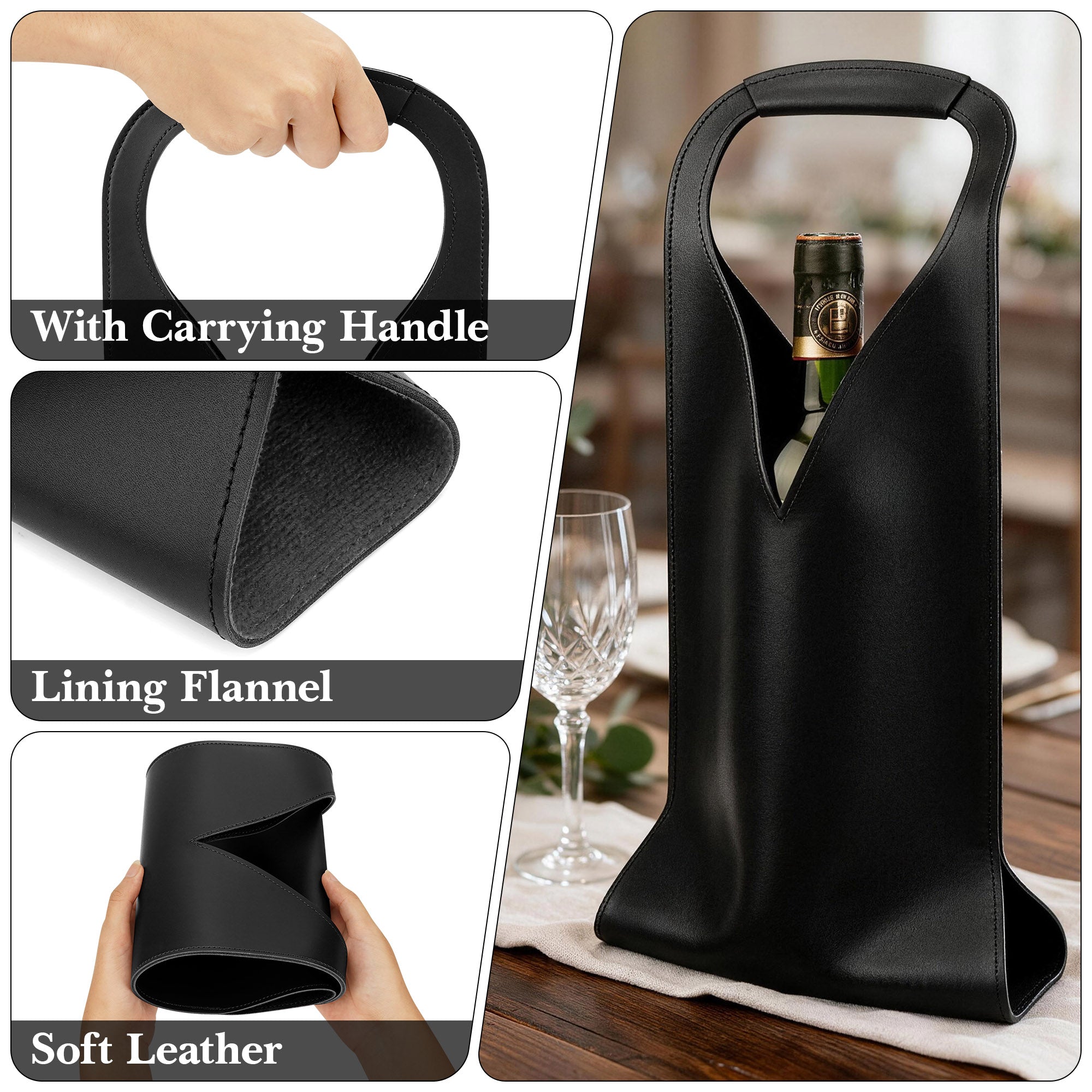 Linkidea Vegan Leather Wine Bottle Bags, 16.7" x 6.9" Wine Tote Bags for Gifts, Luxury Gift Bags for 750ml Wine Bottles, Fits Christmas Use (Black)