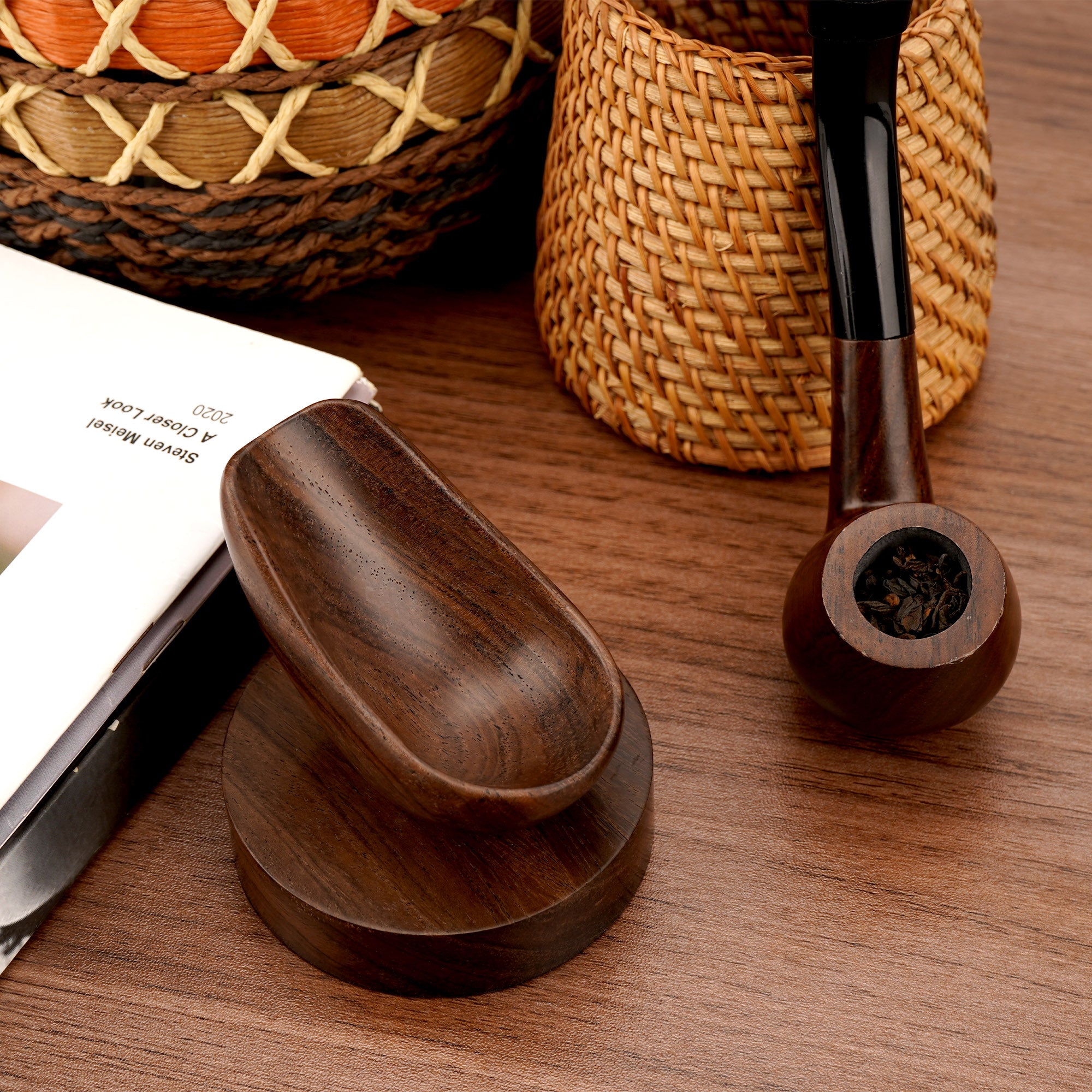 Linkidea Ebony Wood Smoking Pipe Stand, Portable Tobacco Pipe Holder Rack for Men, Wooden Rest Compatible with Most Pipes, Classic Smoking Accessories