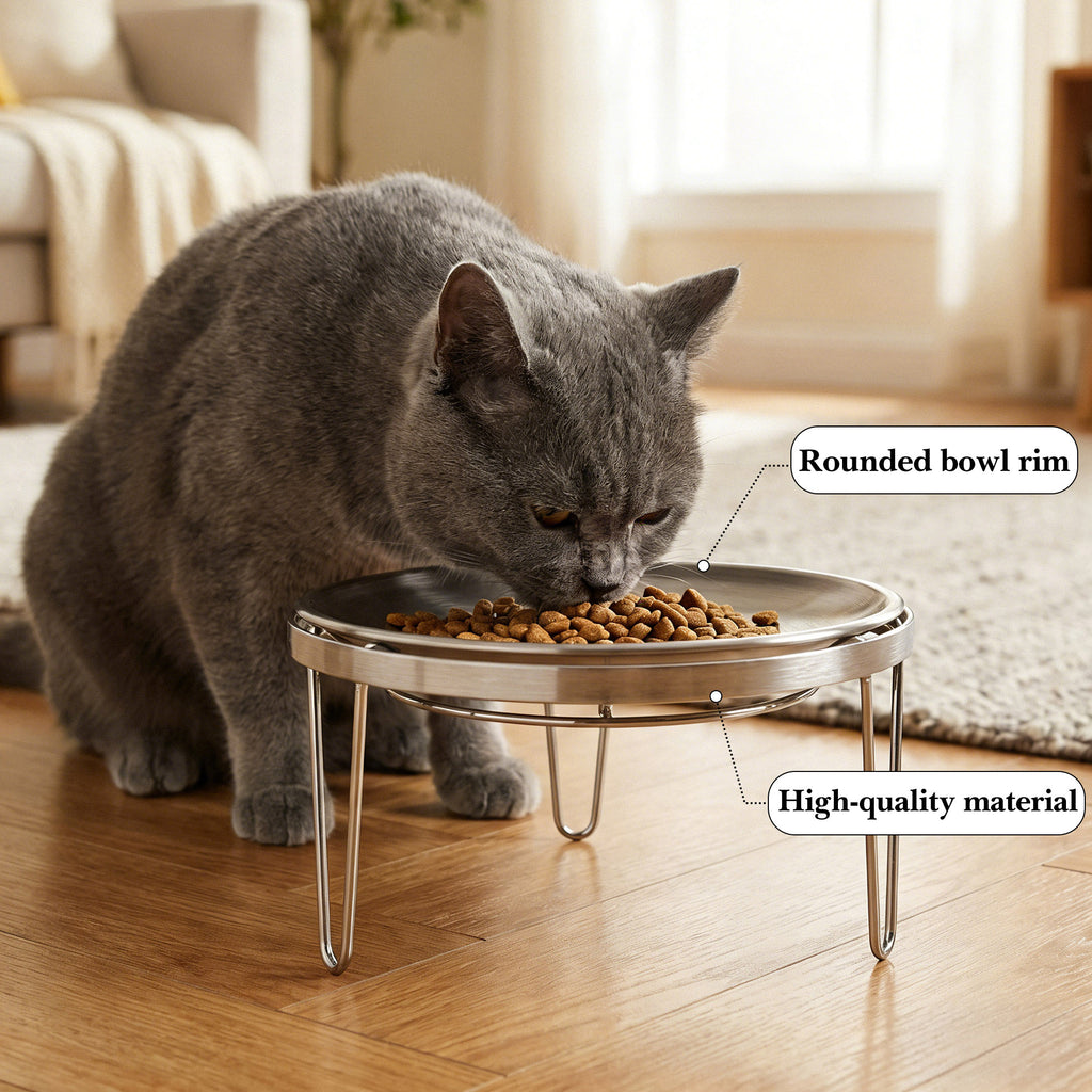 Linkidea Elevated Cat Bowls, 6.7" Extra Wide Raised Cat Food Bowl, Stainless Steel Cat Food Bowls Whisker Fatigue Shallow Dishes, Persian Cat Bowl with 3-Leg Stand - Dishwasher Safe