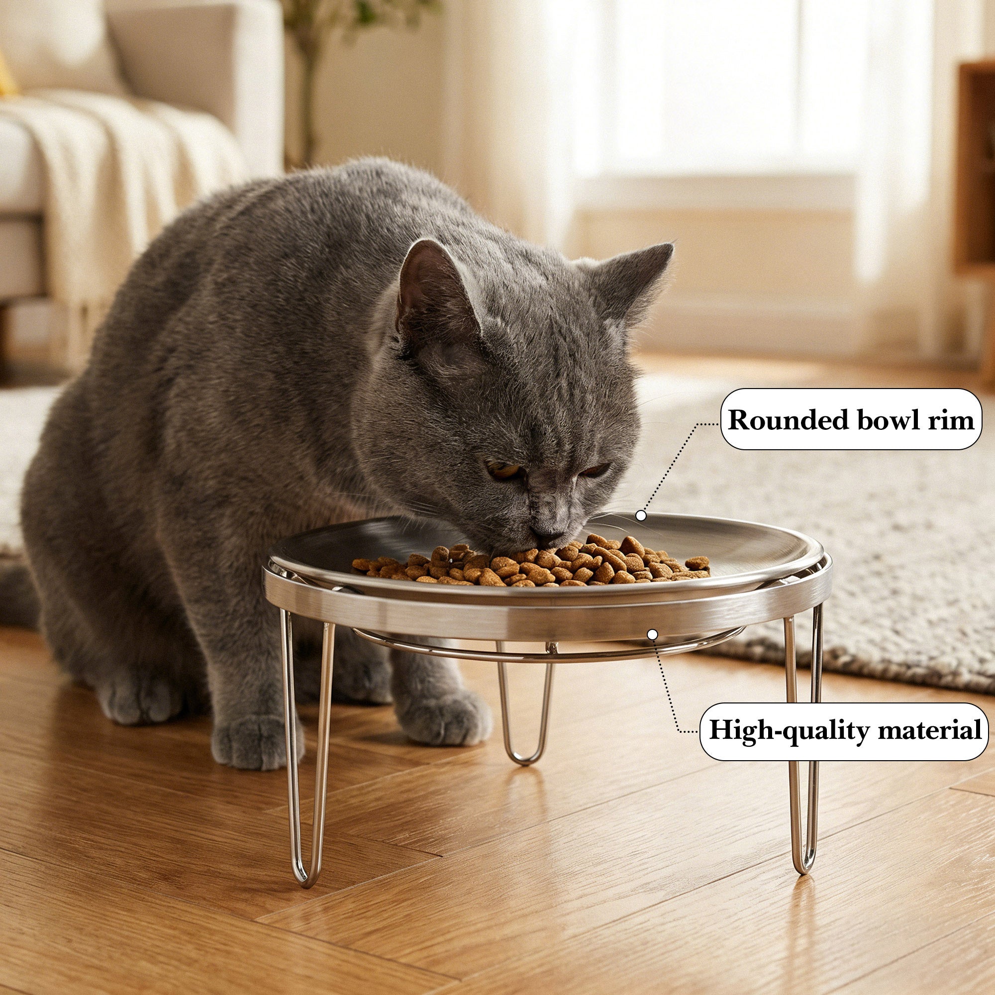 Linkidea Elevated Cat Bowls, 6.7" Extra Wide Raised Cat Food Bowl, Stainless Steel Cat Food Bowls Whisker Fatigue Shallow Dishes, Persian Cat Bowl with 3-Leg Stand - Dishwasher Safe
