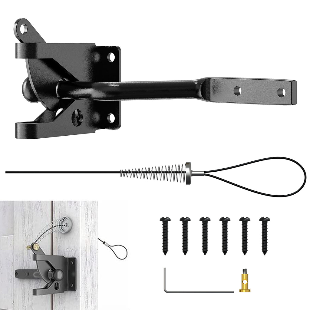 Linkidea Heavy Duty Gate Latch, Self Locking Gravity Latch with Adjustable Cable Pull for Easy Opening, Spring Loaded Fence Gate Lock for Garden, Pool, Yard, Metal & Wood Gates (Black)