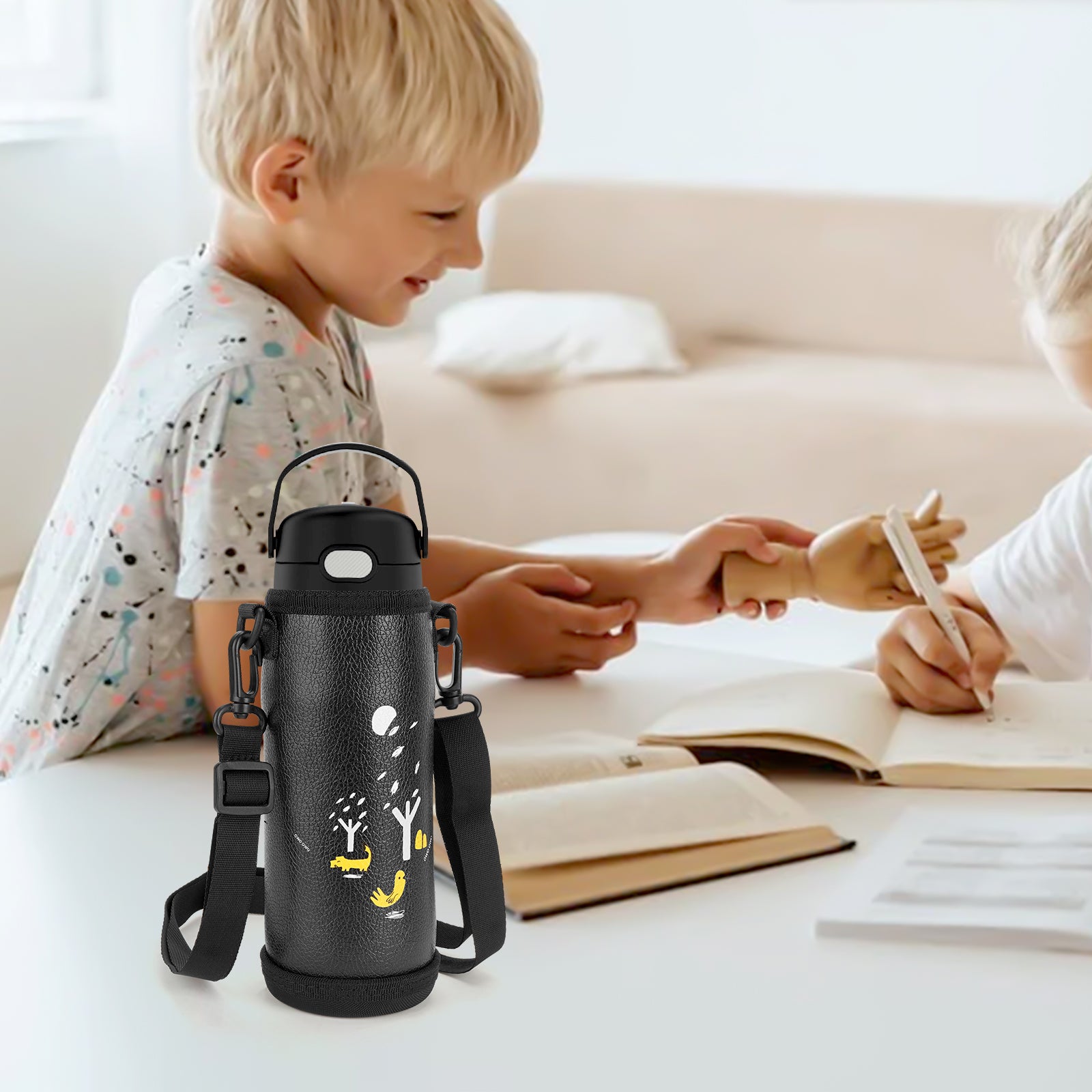 Linkidea Slim Water Bottle Carrier with Strap Compatible with THERMOS FUNTAINER Steel 16oz, Ion8 Sport OneTouch 2.0 500ml, Hard Base Waterbottle Sling Bag Holder Keeps Bottle Upright, Black