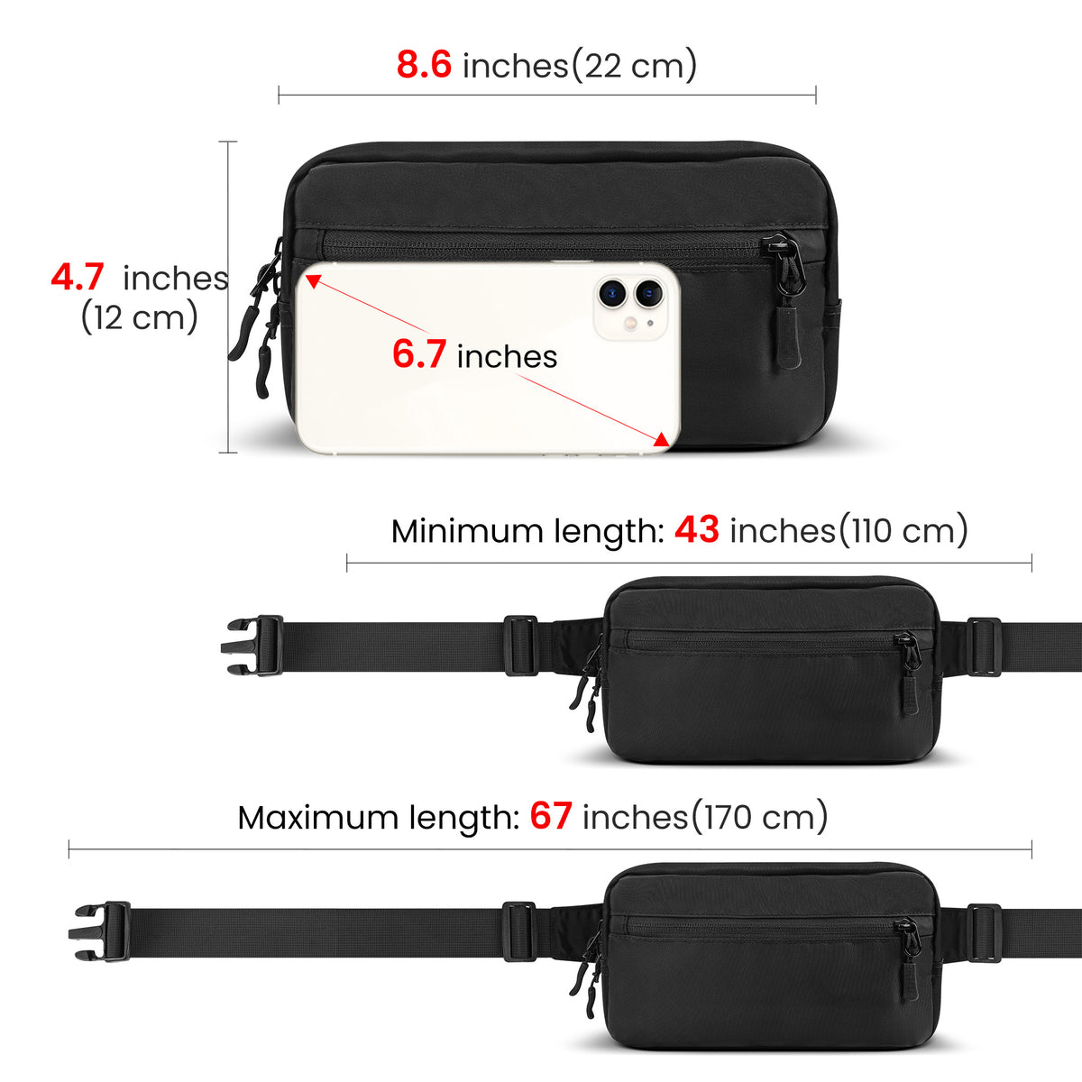 Extra Long Strap, RFID Blocking Fanny Pack, Max 60 Inches Adjustable Belt for Plus Size, Travel and Everyday Carry