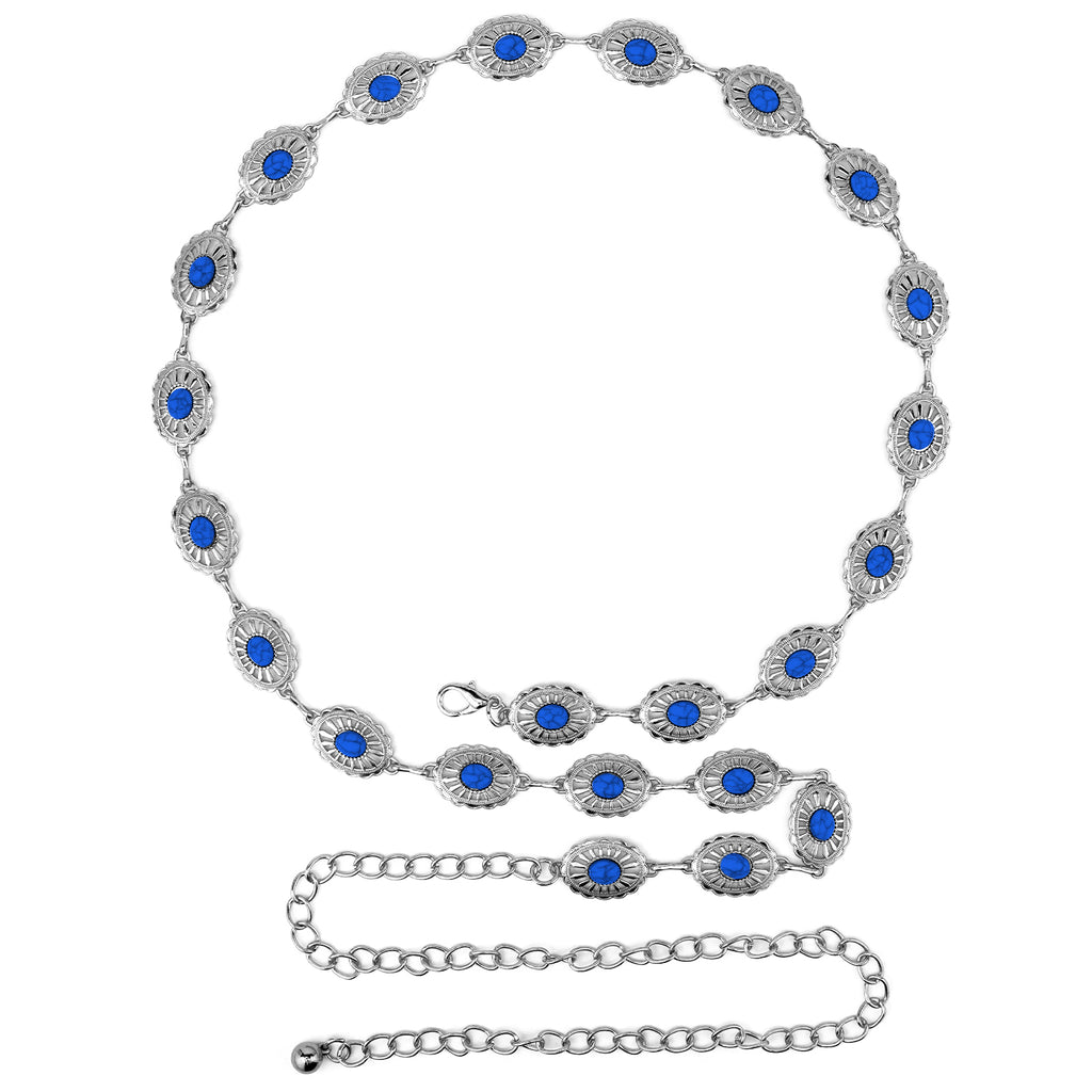 Plus Size Chain Belt for Women, Turquoise Stone Silver Metal Chain Belt Women Belly Waist Chains, Extra Long Body Chain, 59 Inch Adjustable Chunky Belt Chain