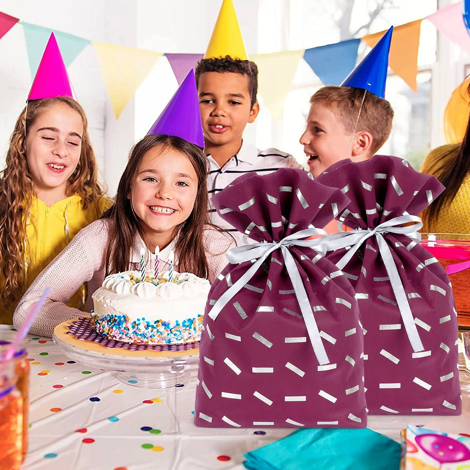 Linkidea 4 Pack Reusable Drawstring Gift Bags, Present Storage Bag for Birthday, Christmas, Non-Woven Fabric Gift Wrap Tote Bag for Kids Party Compatible with LEGO Toys (Size L/ Purple)