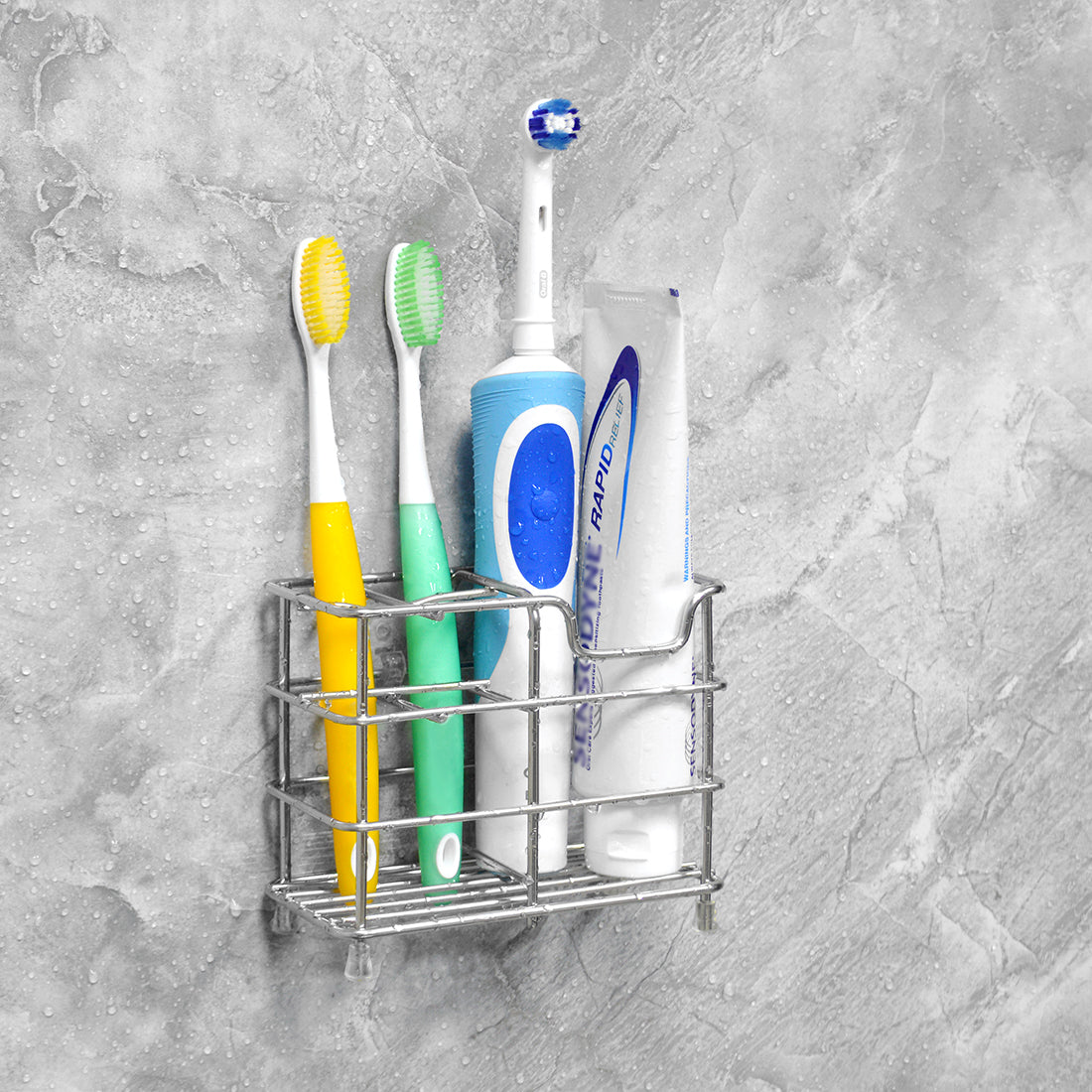 Linkidea Wall Mount Toothbrush Holder for Bathroom, Stainless Steel Tooth Brush Stand for Electric Toothbrush, Toothpaste, Razor, Self Adhesive Wallmount / Countertop 5 Slots Organizer (Chrome)