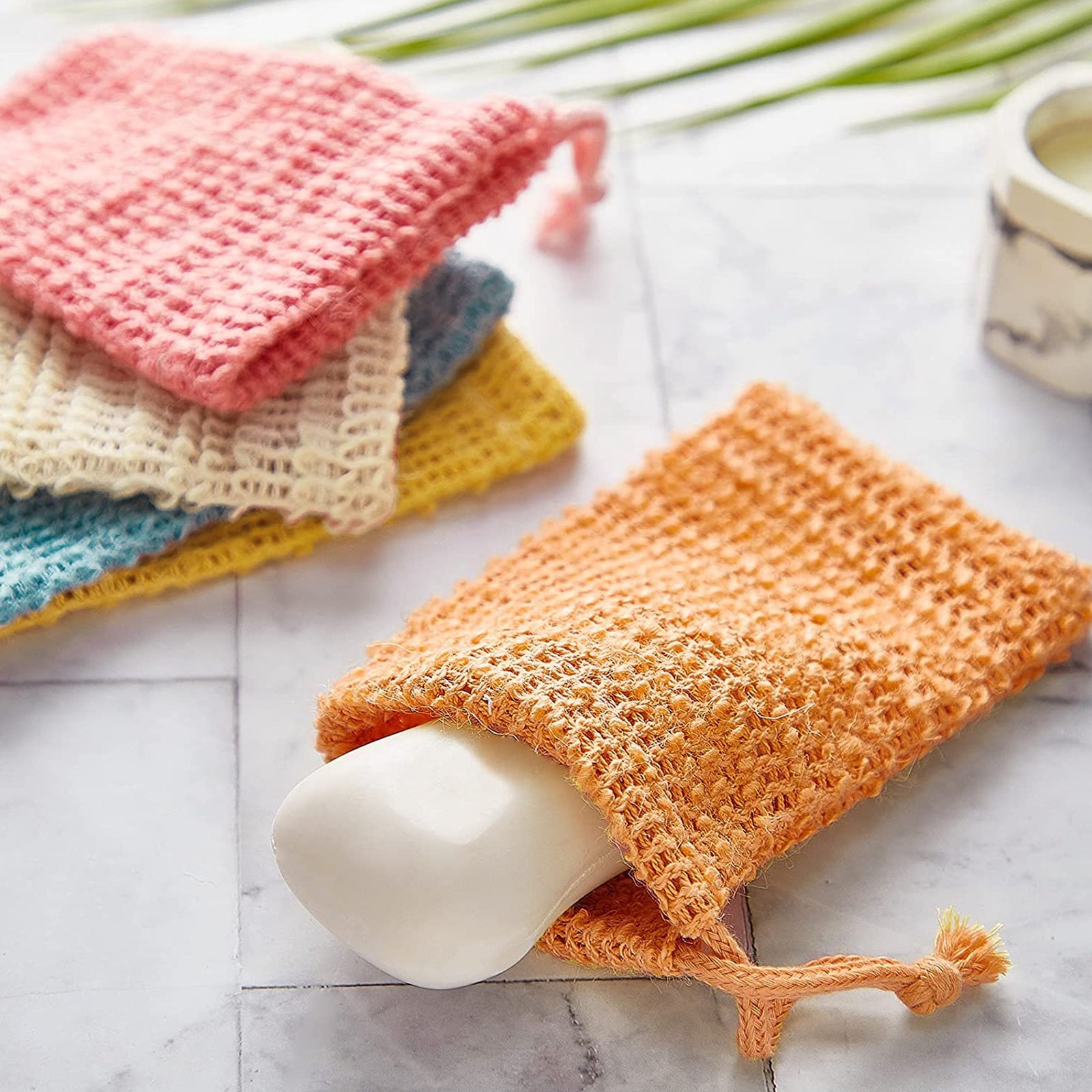 Linkidea 5 Pack Soap Bag Pouch, Colorful Exfoliating Saver with Drawstring, Reusable Body Scrubber Pocket for Bath Shower