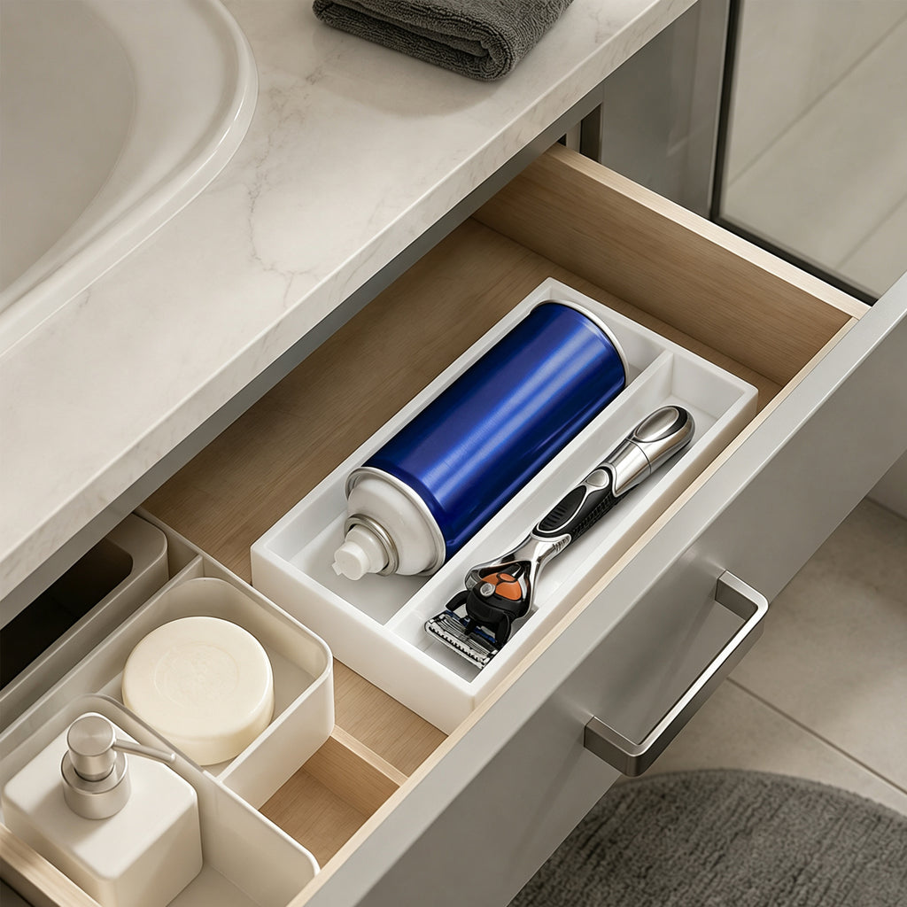 Linkidea Acrylic Razor Holder and Shaving Organizer, Low-Profile Bathroom Countertop & Drawer Tray, Single Razor Stand and 10oz Shaving Cream Slot (White)