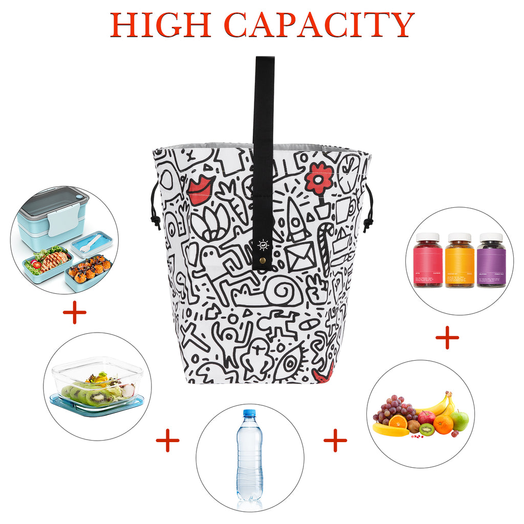 Linkidea Cute Lunch Bag with Handle, Drawstring Swig Lunch Bag, Cute Lunch Bags for Women Work Picnic Travel, Compatible with Bentogo, LunchBots, EasyLunchboxes (White)