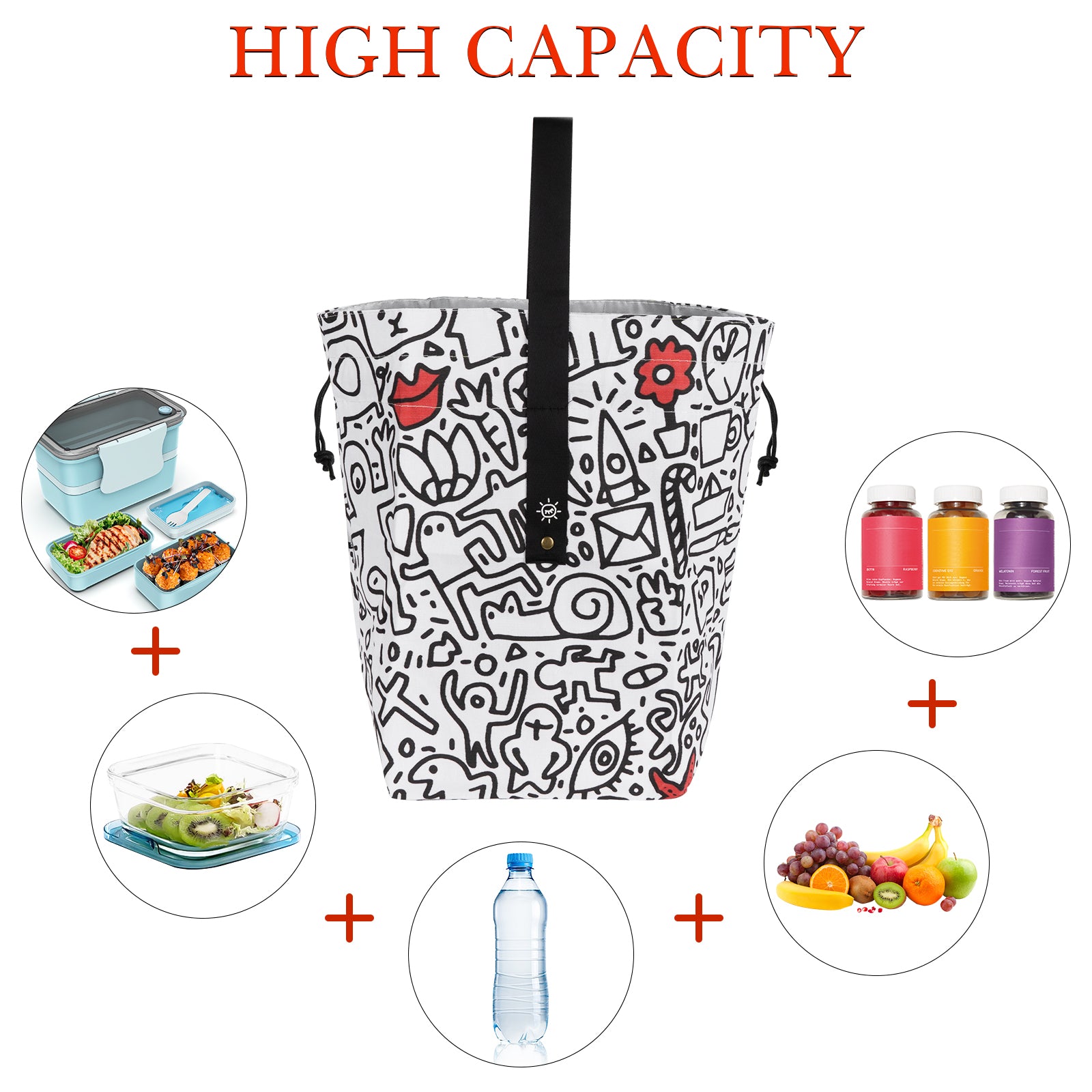 Linkidea Cute Lunch Bag with Handle, Drawstring Swig Lunch Bag, Cute Lunch Bags for Women Work Picnic Travel, Compatible with Bentogo, LunchBots, EasyLunchboxes (White)