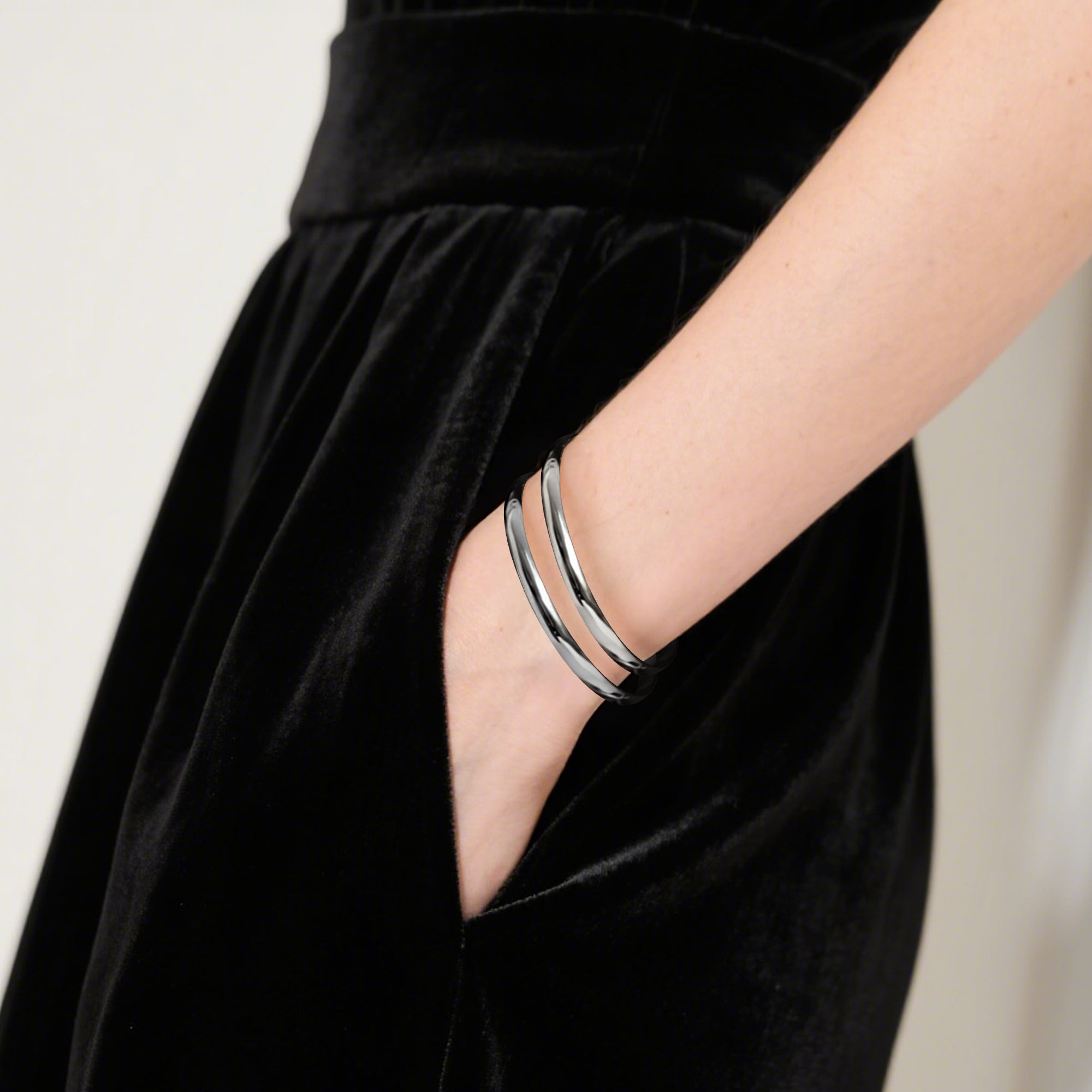 65 mm (2.56") Bangle Set of 8 for Women, 6 mm Wide Silver-Tone Stainless Steel Stackable Bracelets - Fits Palm Width up to ~90 mm