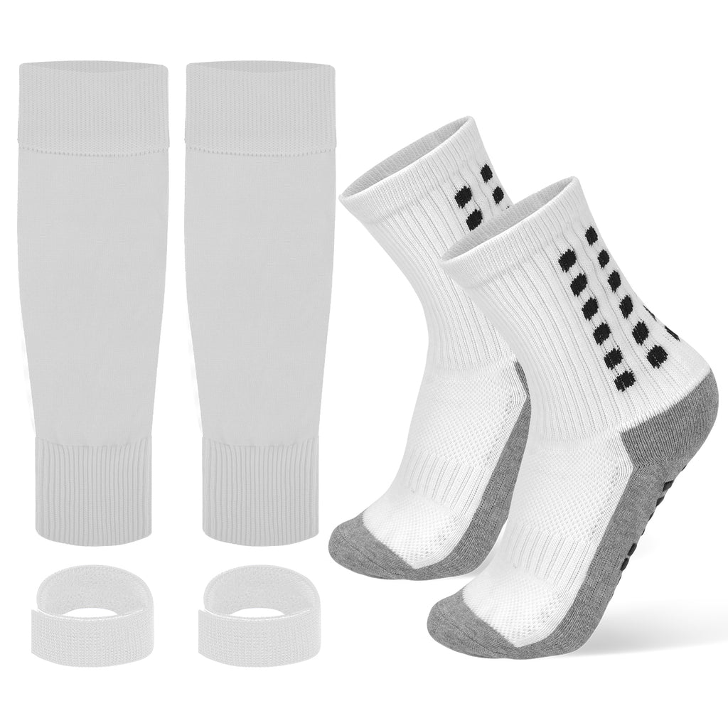 Linkidea Kids Soccer Grip Socks with Shin Guard Sleeve for Age 6 - 9 (White)