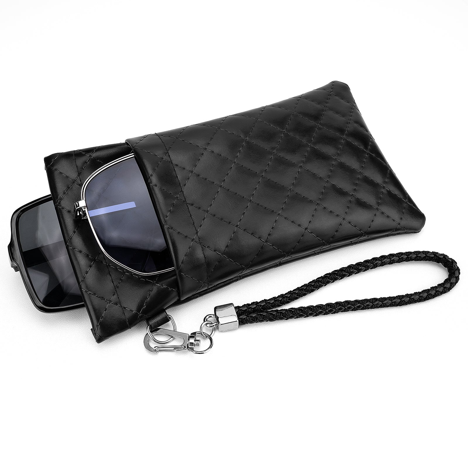 Extra Large Sunglasses Pouch Case, Vegan Leather Sun Glasses Organizer Soft Bag Compatible with GG0595S GG0875S RB4098 RB3825 RB4376 PO3352S PO3328S PO3311S (XXL, Black)