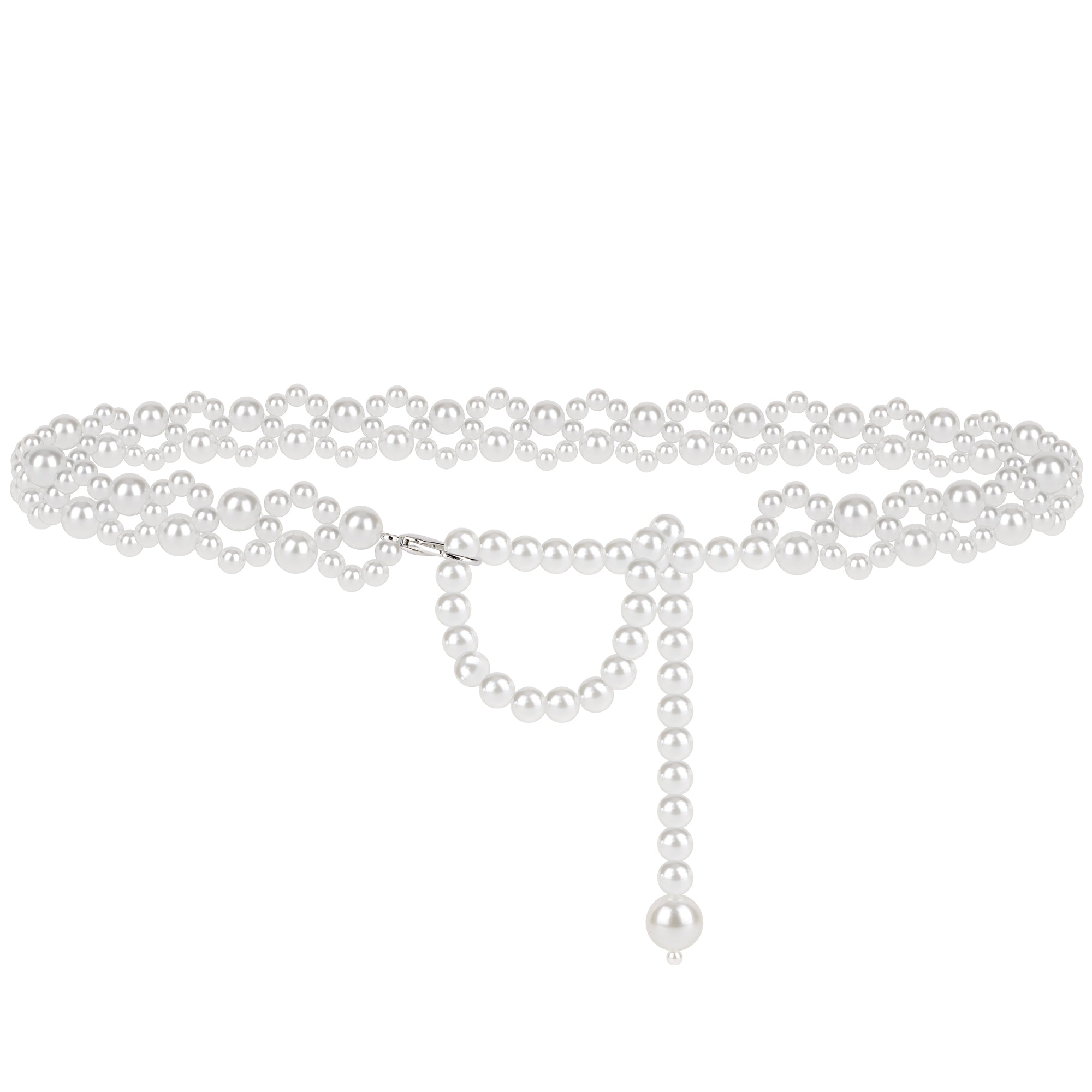 Plus Size Chain Belt for Women, White Pearl Stretchable Extra Long Body Chain, 59 Inch Max Flexible Adjustment Fashion Jewelry Accessory