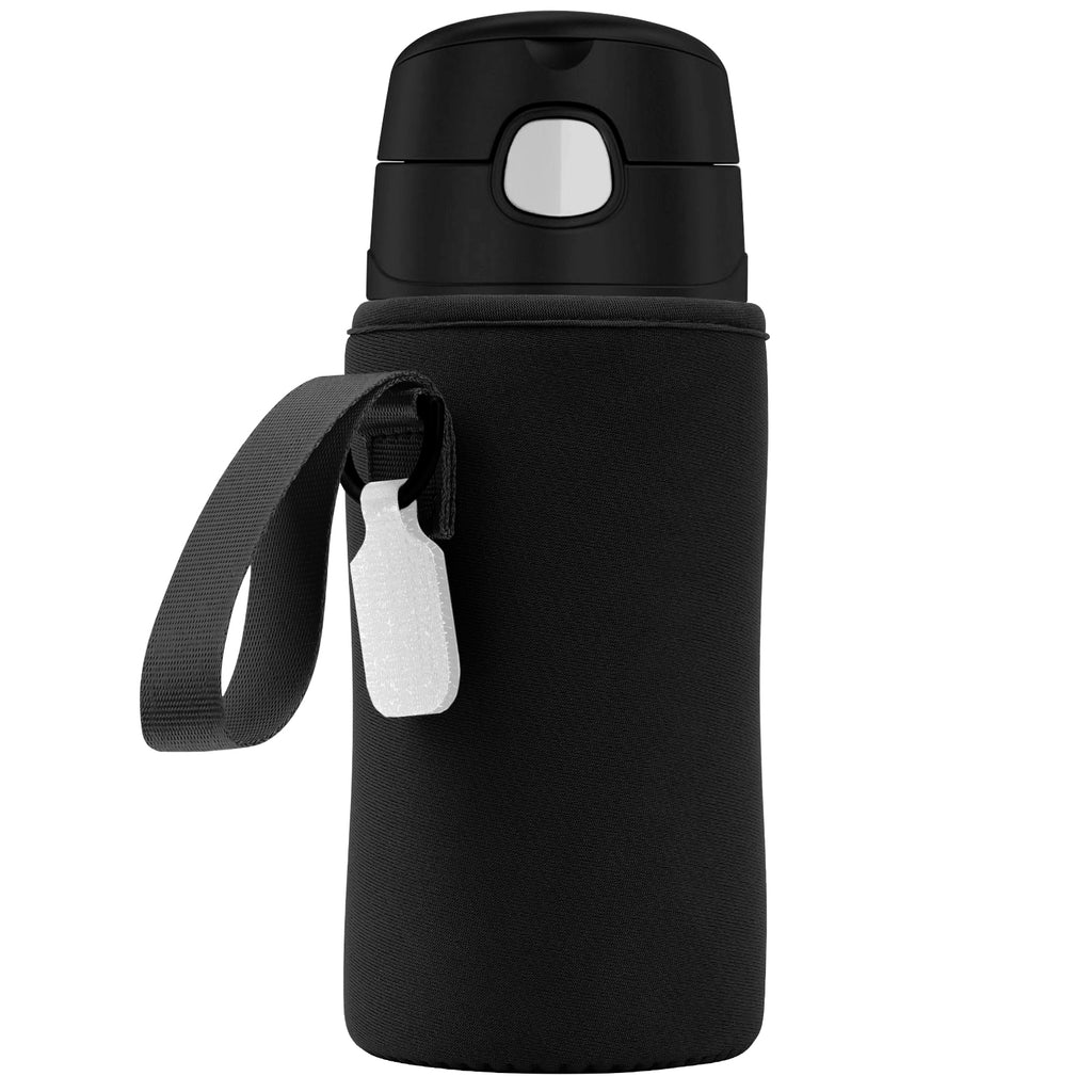 Linkidea Water Bottle Sleeve Compatible with Thermos FUNTAINER Tritan 16oz, Steel 12oz Kids Bottle, Waterbottle Holder Bag with Name Tag, Black