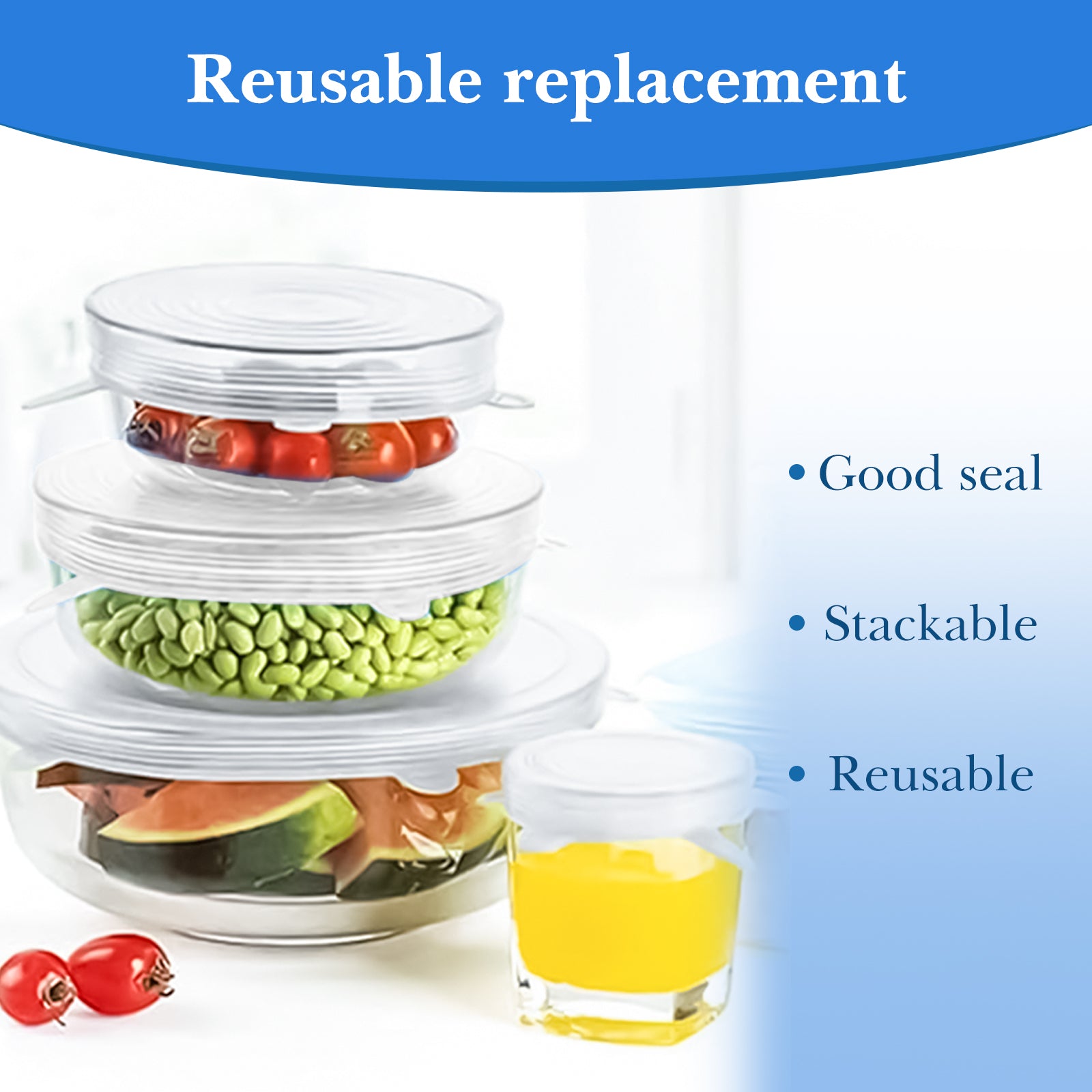 Linkidea 12 Pcs Silicone Stretch Lids, Flexible Round & Rectangle Fit 2.6\" - 8.1\", Stretchy Silicone Lids for Food Storage, Different Sizes Reusable Silicone Bowl Covers (Blue & White)