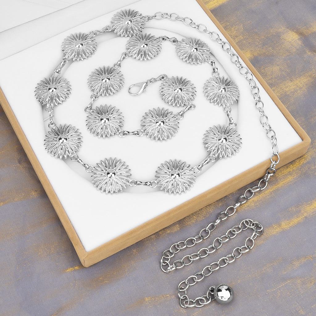 Plus Size Chain Belt for Women, Metal Chain Belt Women Belly Waist Chains, Extra Long Body Chain, 47 Inch Adjustable Chunky Belt Chain (Silver, Daisy Style)