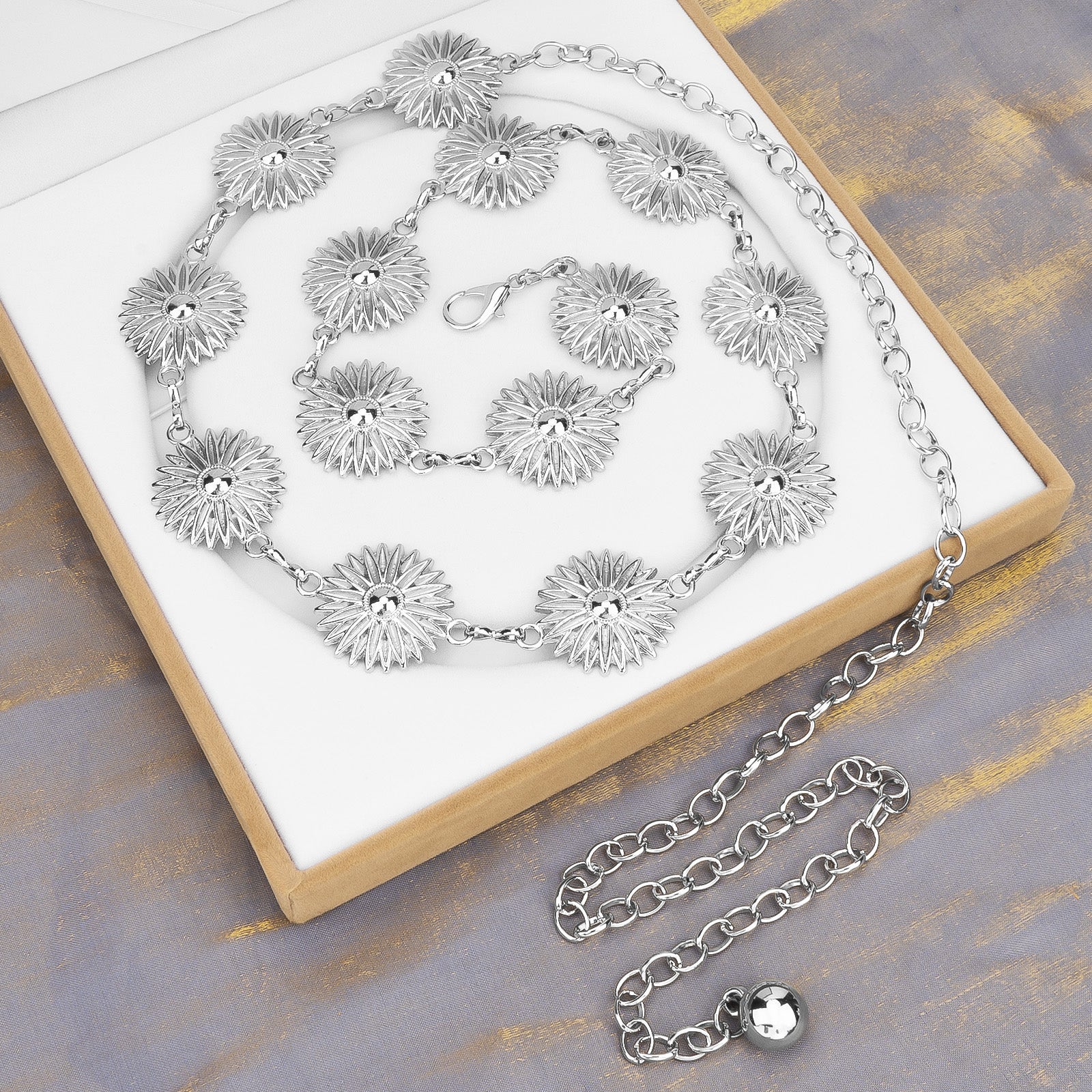 Plus Size Chain Belt for Women, Metal Chain Belt Women Belly Waist Chains, Extra Long Body Chain, 47 Inch Adjustable Chunky Belt Chain (Silver, Daisy Style)