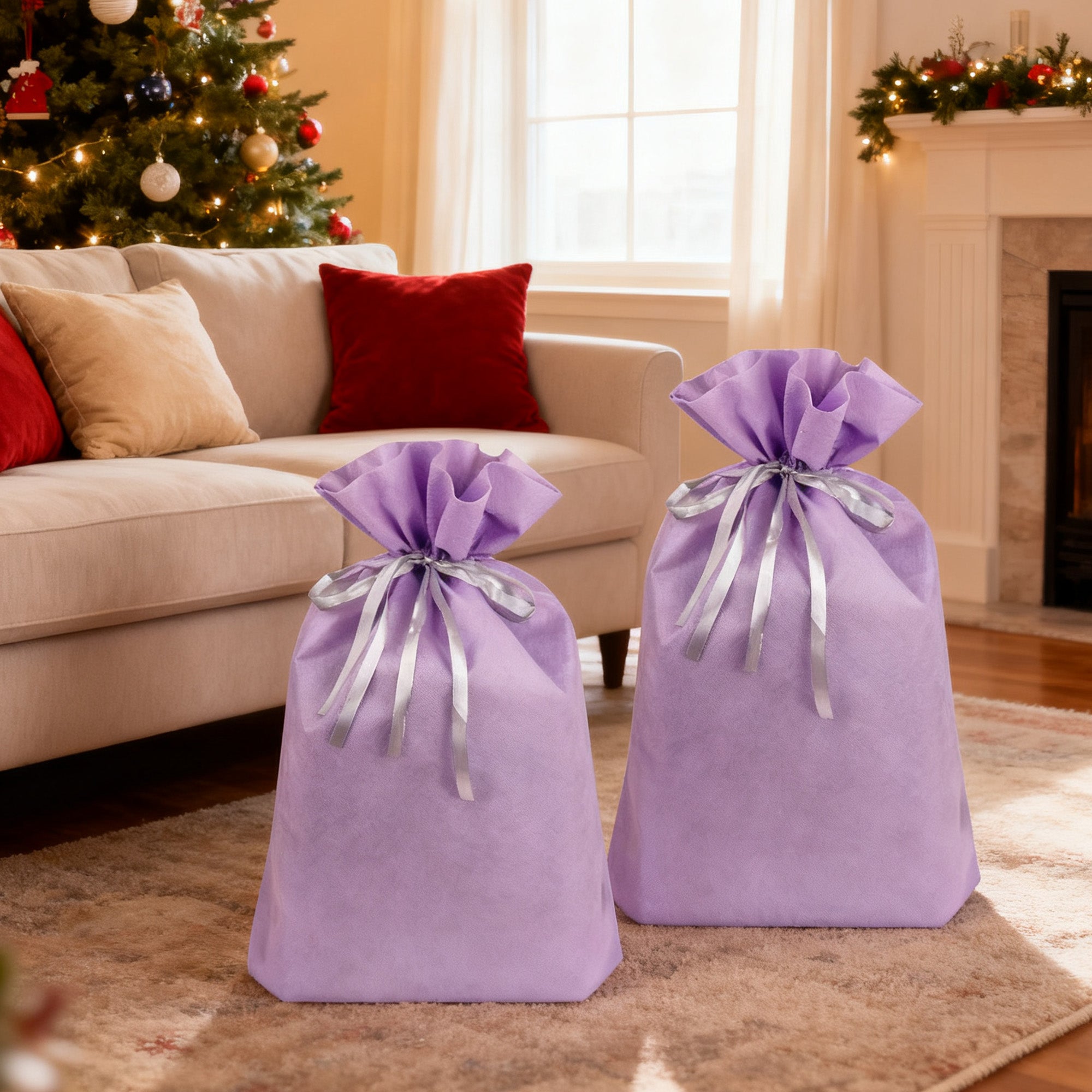 Linkidea 4 Pack Reusable Drawstring Gift Bags, Fabric Party Favor Bags for Birthday, Christmas & Holiday, Toy Storage Pouch for Building Blocks, Bricks & Goodie Bags (Purple)