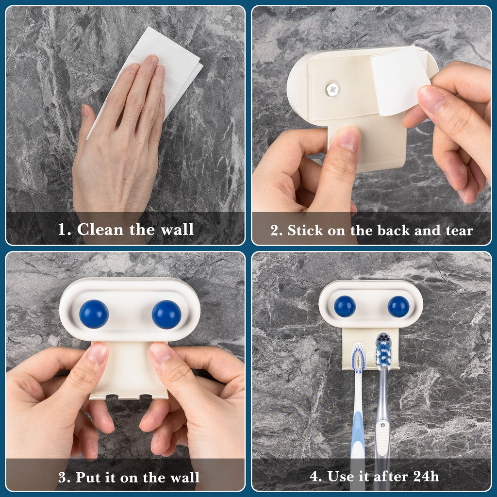 Linkidea 2 Pack Wall Mount Toothbrush Holder for Bathroom, 2 Slots Self Adhesive Iron Brush Hanger Compatible with Oral-B CrossAction, Colgate ExtraClean(Blue Dot)