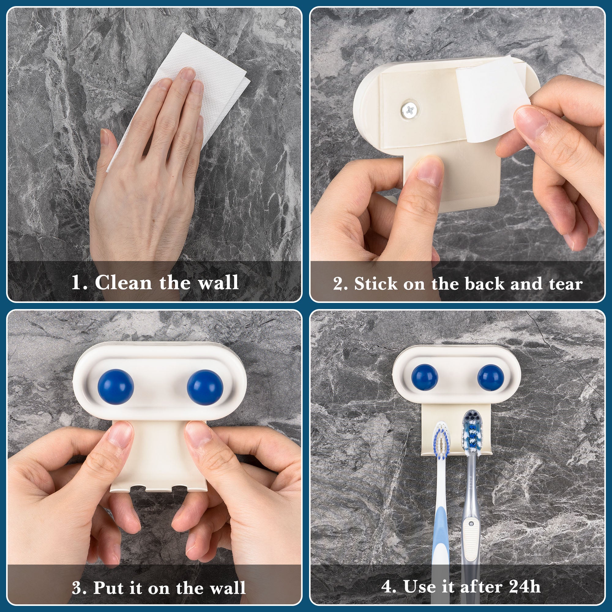 Linkidea 2 Pack Wall Mount Toothbrush Holder for Bathroom, 2 Slots Self Adhesive Iron Brush Hanger Compatible with Oral-B CrossAction, Colgate ExtraClean(Blue Dot)