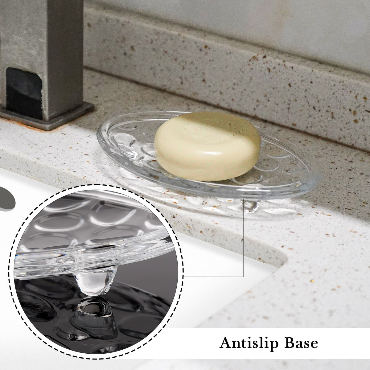 Linkidea Oval Glass Soap Dish with Pebble Design, Countertop Soap Saver for Shower, Bathroom (Clear)