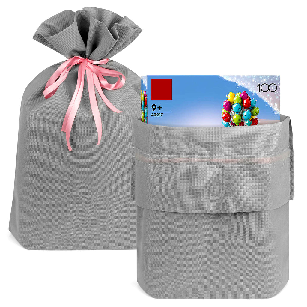 Linkidea 4 Pack Reusable Drawstring Gift Bags, Fabric Toy Storage Pouch for Building Blocks & Bricks, Party Favor Bags for Birthday, Christmas, Multi-Purpose Present Storage Bags (Grey)