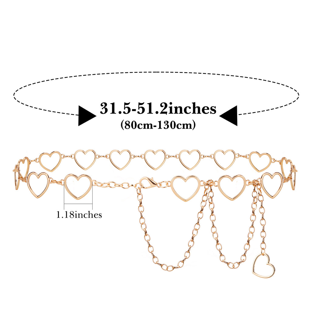 Plus Size Chain Belt for Women, 2 Pack Love Style Metal Chain Belt Women Belly Waist Chains, Extra Long Body Chain, Max 51.2 Inch Adjustable Chunky Belt Chain (Gold, Silver)