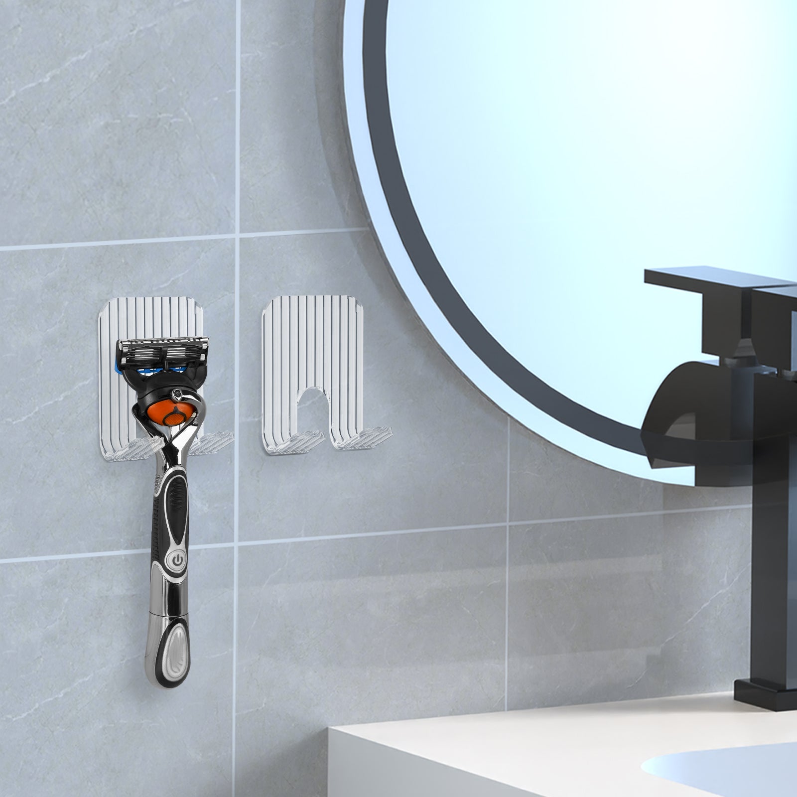 Linkidea 2 Pack Acrylic Razor Holder, Bathroom Organizer Hook for Razor, Towel, Loofah, Shower Storage Compatible with Gillette Sensor 3, Mach 3, Vikings Blade the Chieftain (Transparent)
