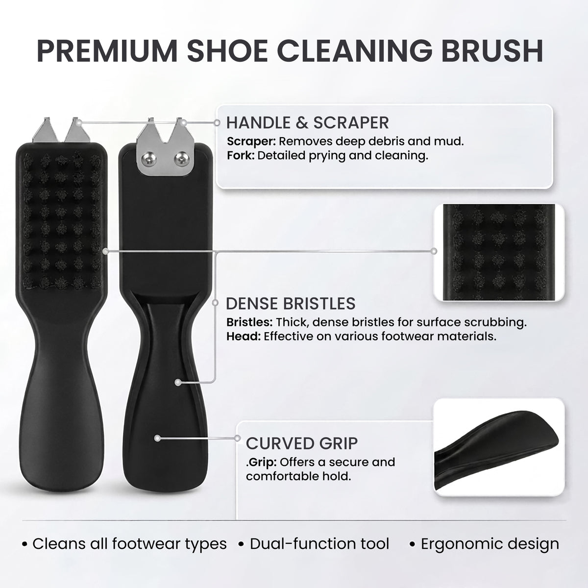 Linkidea Shoe Cleaning Brush Set of 2 with Built-in Dirt Scraper, Stiff Bristle Shoe Brush with Ergonomic Handle, Multi-Purpose Cleaning Brush for Sneakers, Boots, Leather and Household Use