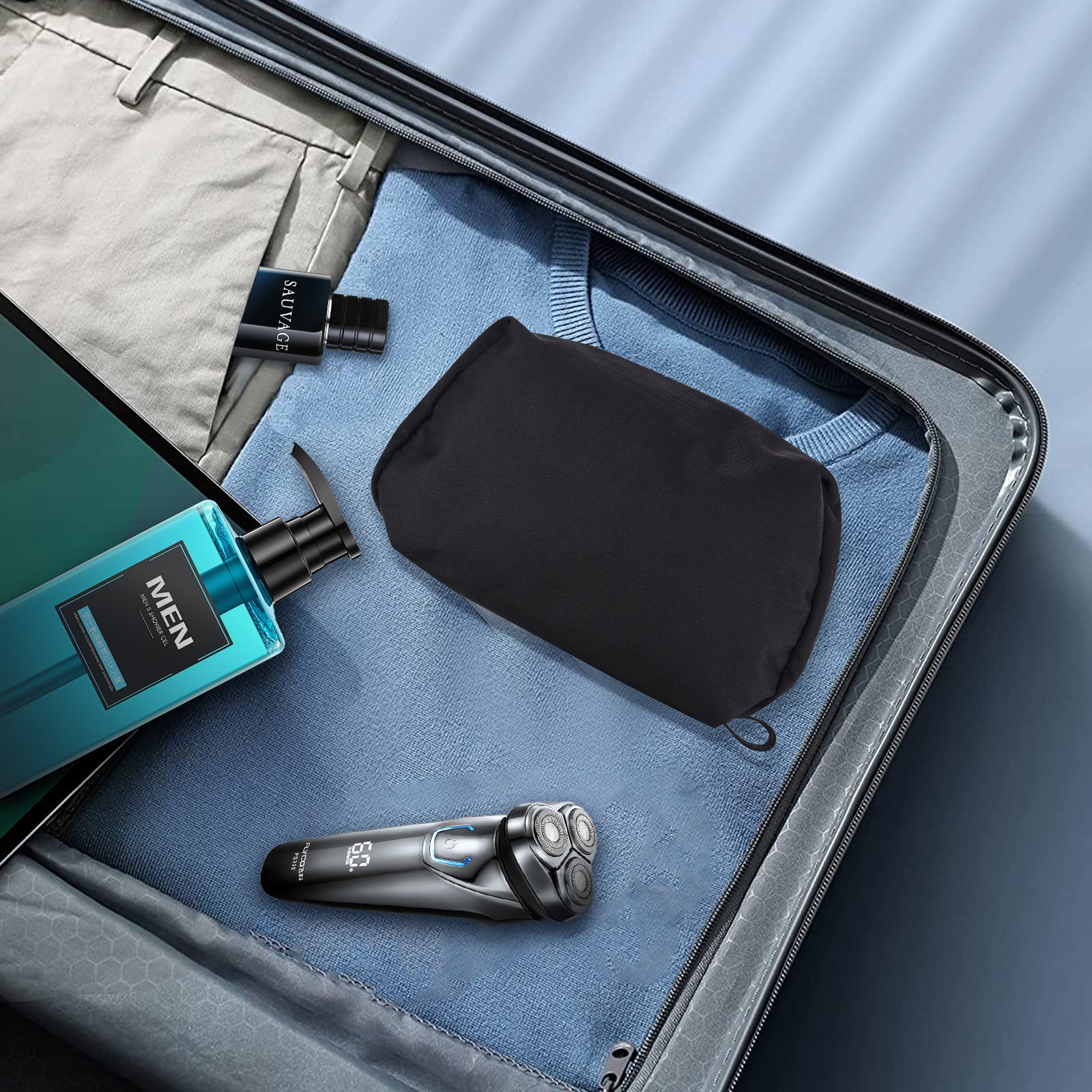 Linkidea Men's Travel Toiletry Bag, Portable Shaver & Beard Groomer Organizer, Waterproof Cosmetic Storage Pouch for Trimmer Accessories (Black)