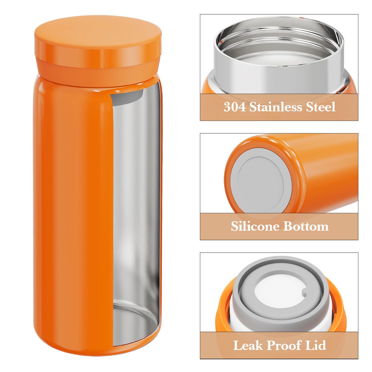 Linkidea 7oz (200ml) Mini Water Bottle, Vacuum Insulated Stainless Steel Bottle for Hot & Cold Drinks, Spill-Proof Small Bottle Fit Handbag, Purse and Pocket (Orange)