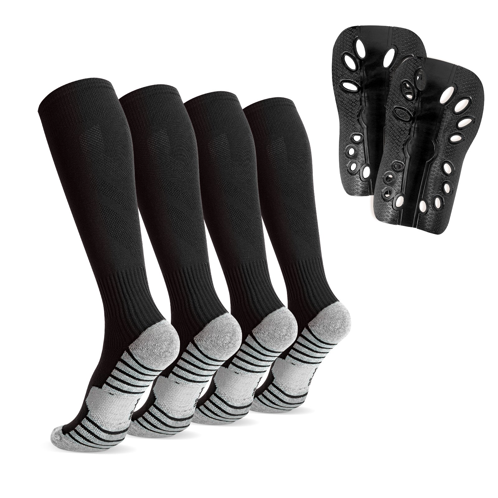 Linkidea Kids Soccer Socks with Shin Guards, 2 Pairs Breathable Knee High Socks with Lightweight Shin Pads, Long Sleeve Cushion Socks for Child 4-6 Years Over the Calf Soccer Socks (Black, S)