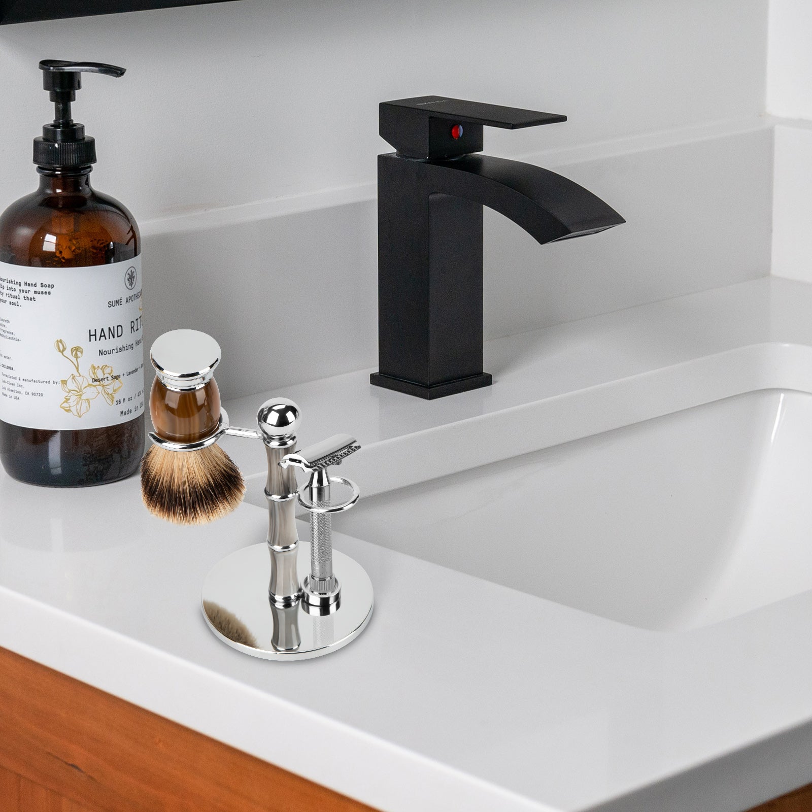 Linkidea Stainless Steel Razor Stand and Brush Holder with Non-Slip Base, Creative Bamboo Style Safety Shaver Organizer Compatible with Vikings Blade Chieftain, Odin (Grey)