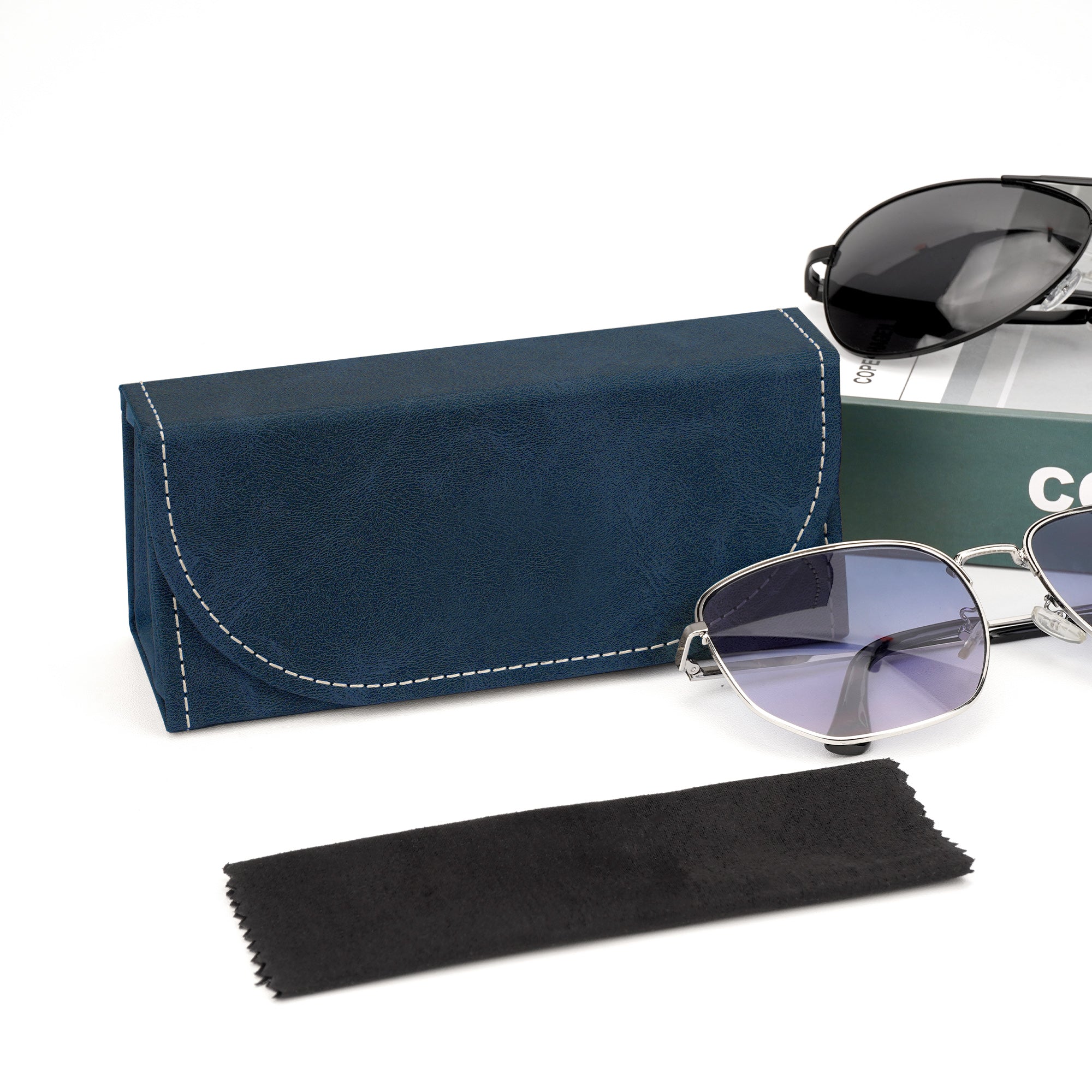 Extra Large Sunglasses Pouch Case, Blue Vegan Leather Eyewear Organizer Soft Bag Compatible with Rayban RB4401D/RBS0101S/RB8097/RB8089/RB4098