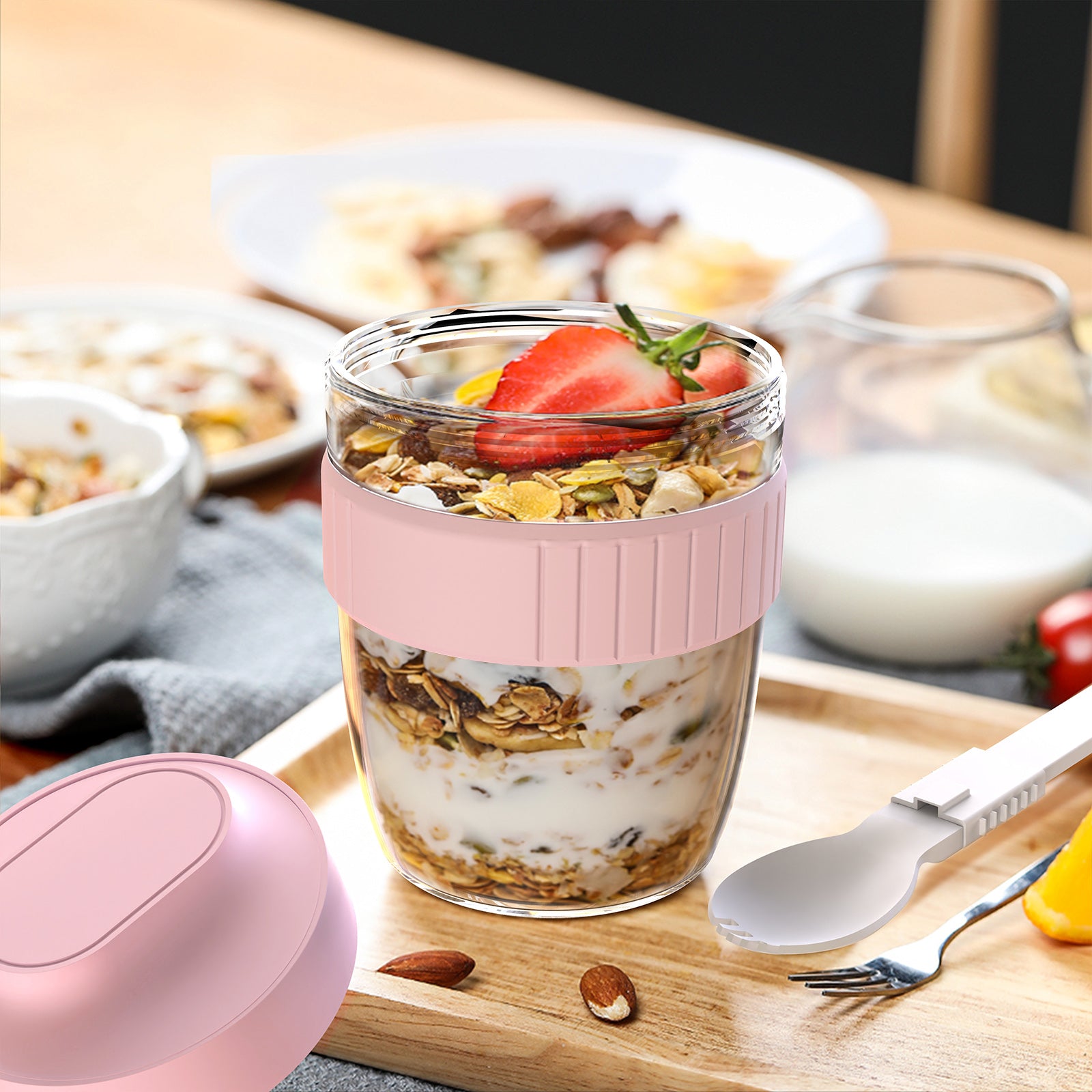 Linkidea Overnight Oats Containers with Lids, 19.2 oz Airtight Plastic Yogurt Cups with Spoons and Lids, Portable Overnight Oat Container for Milk, Cereal, Fruit, Yogurt, Fits Work/Picnic (Pink)