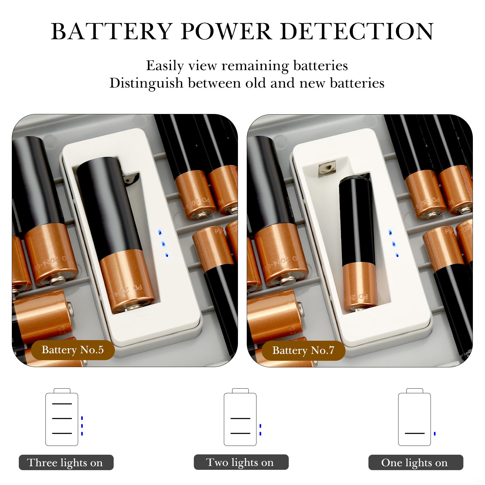 Linkidea Double Layer Battery Organizer Storage Case with Tester, Holds 41 AA, 55 AAA, 19 Button Cells, Large Capacity Portable Battery Caddy (Grey)