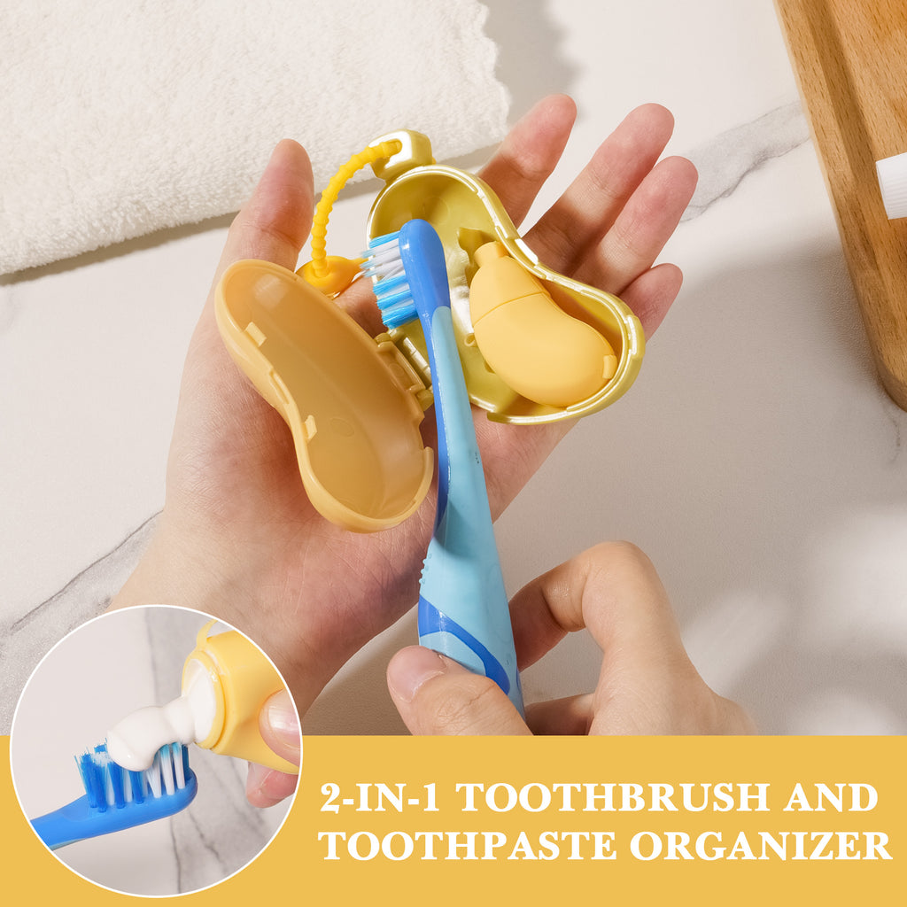 Linkidea 4 Pack Toothbrush Travel Cover with Toothpaste Dispenser, Portable Brush Head Protector, Cute Banana Shape Silicone Cap Compatible with GUM, Colgate Kids Toothbrush (Yellow&Green)