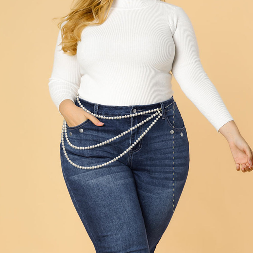 Plus Size Chain Belt for Women, 3 Layers White Pearl Waist Chains, Extra Large Body Chain, 33.4-59 Inch Adjustable Chunky Belt Chain