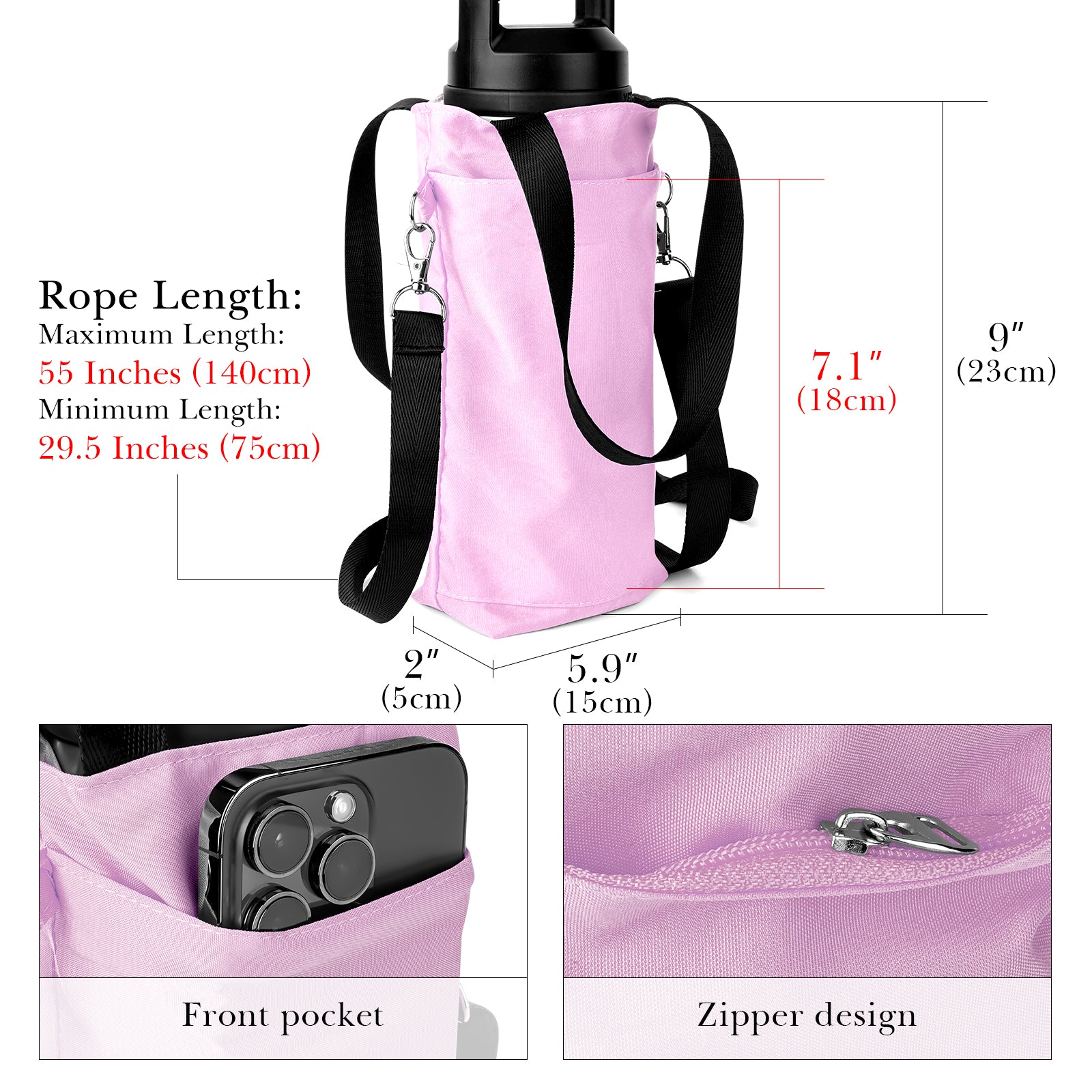 Linkidea Water Bottle Carrier with Strap Compatible with YETI Rambler Bottle 18oz, Owala FreeSip 24oz, Lightweight Waterbottle Sling Bag Holder with Shoulder Strap for Travel, Pink
