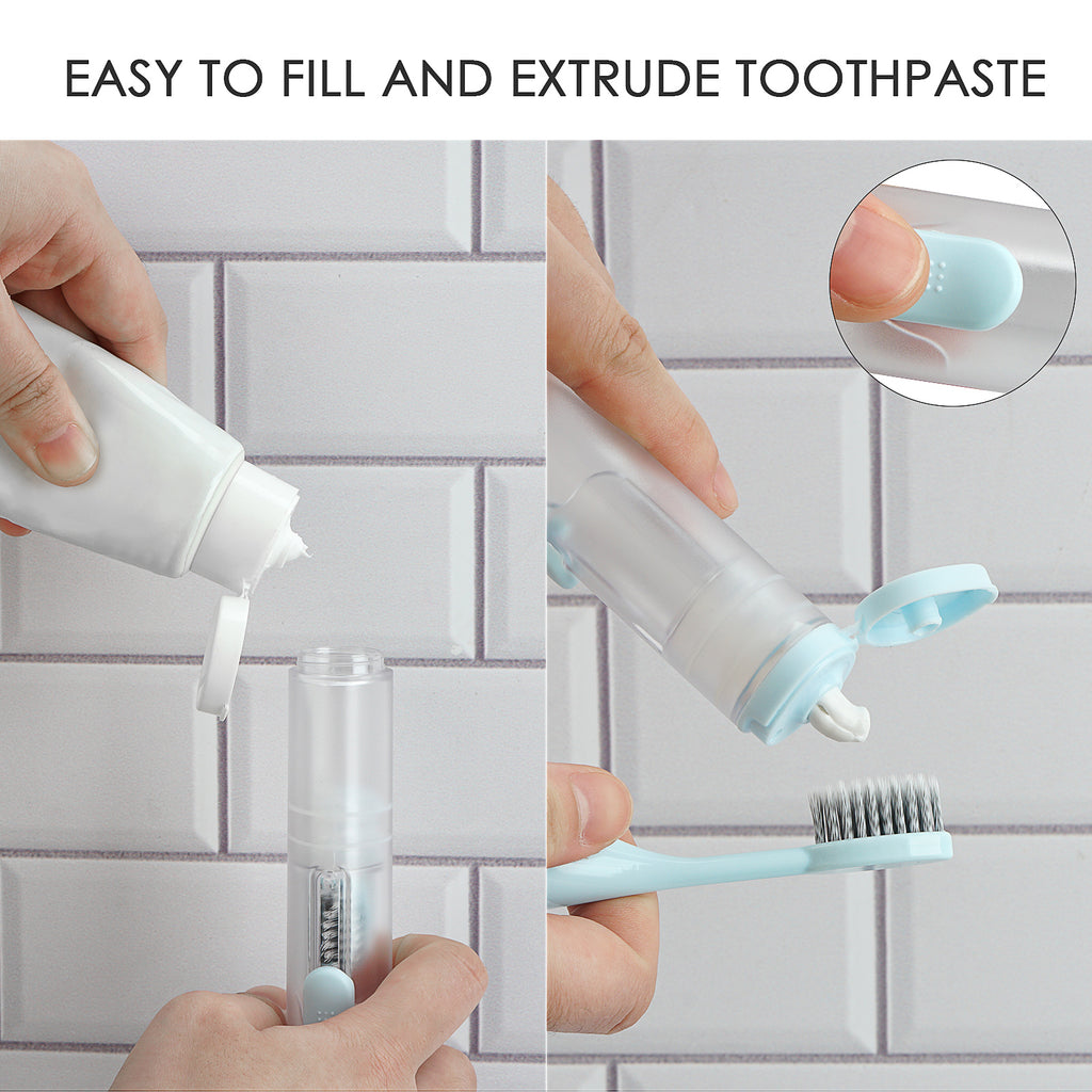 Linkidea 2 in 1 Portable Toothbrush Built-in Tube, Refillable Toothpaste Container Case, Travel Fold Kit with 2 Replace Head and 2 Cleaning Brushes (Blue, White)