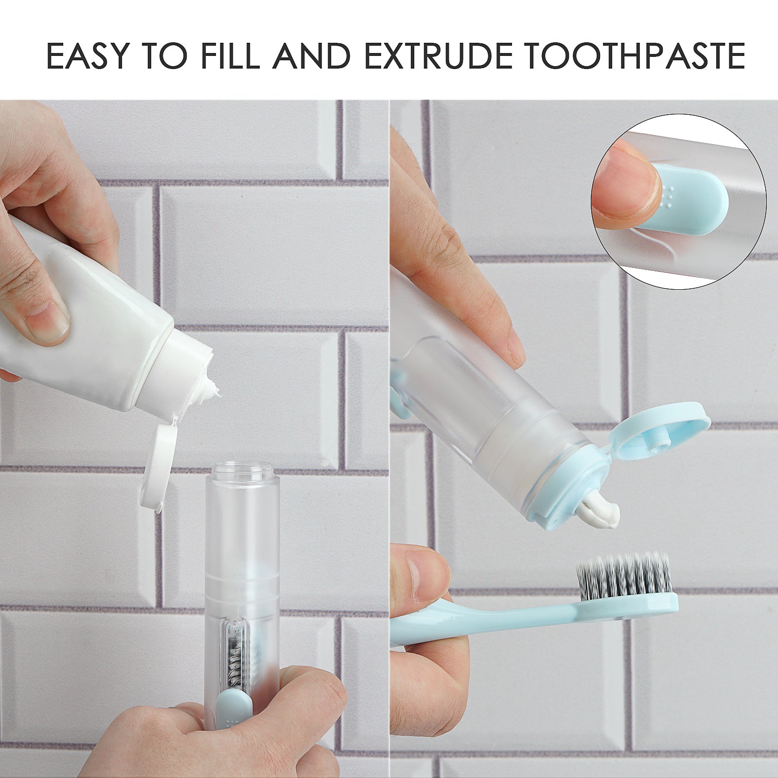 Linkidea 2 in 1 Portable Toothbrush Built-in Tube, Refillable Toothpaste Container Case, Travel Fold Kit with 2 Replace Head and 2 Cleaning Brushes (Blue, White)
