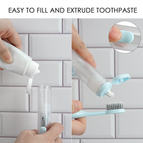 Linkidea 2 in 1 Portable Toothbrush Built-in Tube, Refillable Toothpaste Container Case, Travel Fold Kit with 2 Replace Head and 2 Cleaning Brushes (Blue, White)
