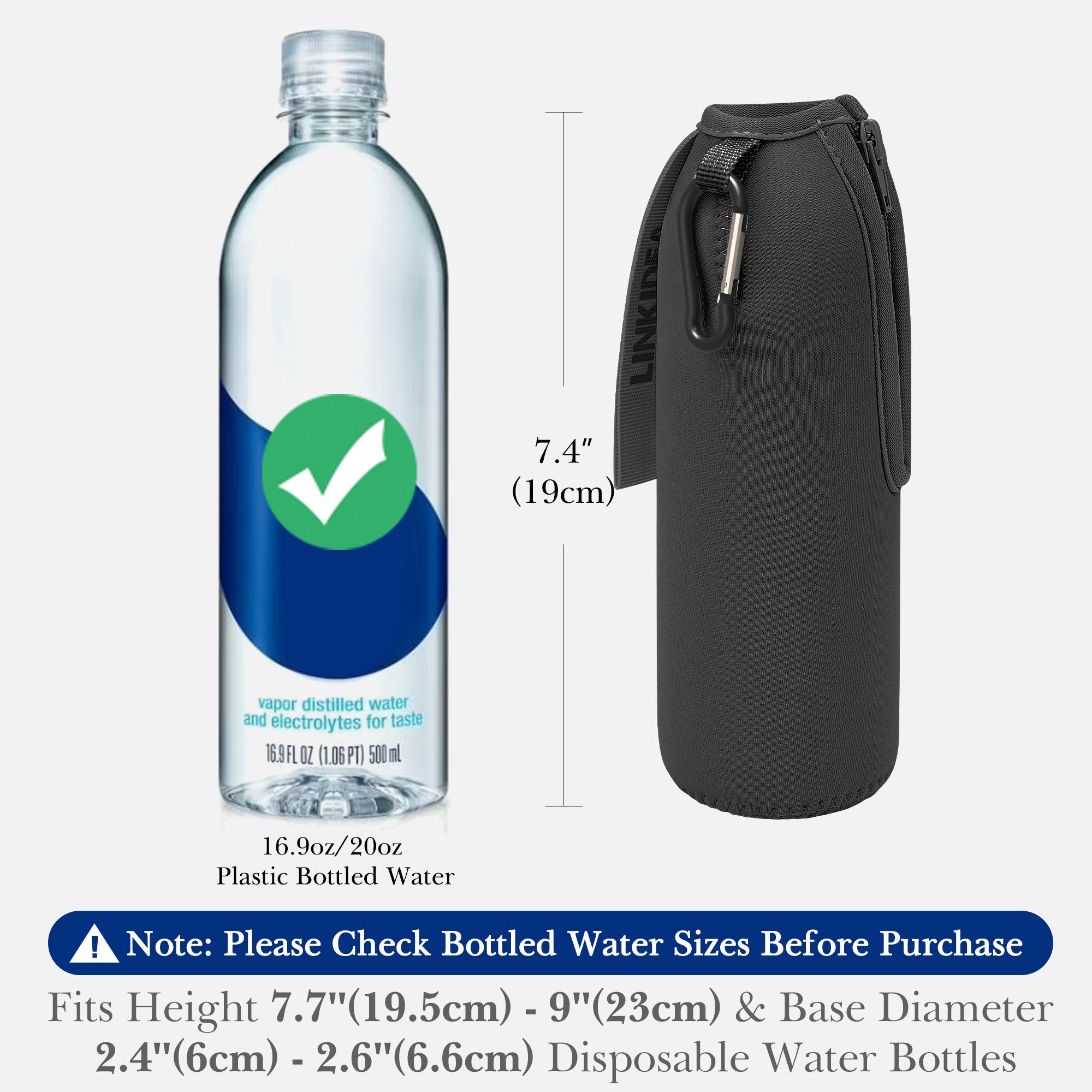 Linkidea Disposable Water Bottle Sleeve Compatible with Smartwater 16.9/20Fl Oz, Evian 16.9Fl Oz, Insulated Neoprene Plastic Bottled Water Cover Holder with Lockable Zipper (1 Pack / Black)
