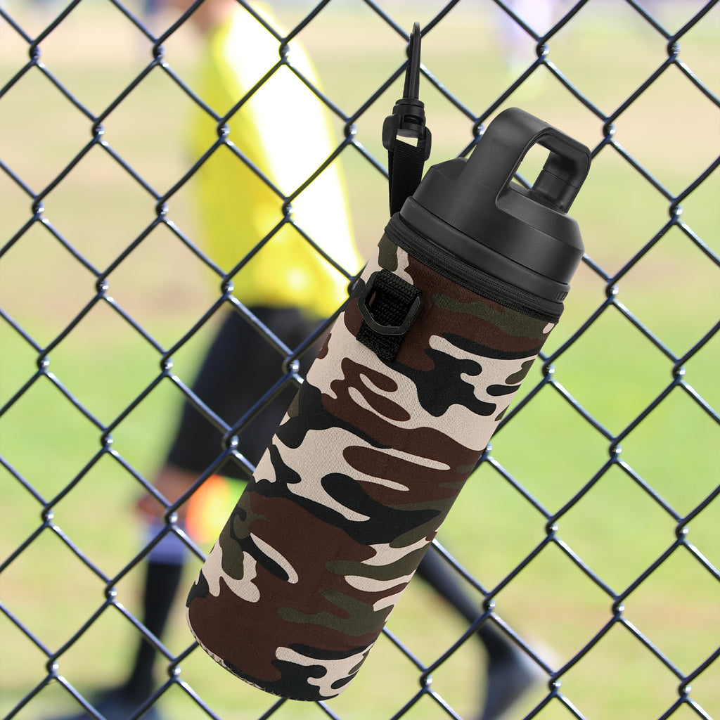 Linkidea Water Bottle Fence Sleeve with Hook Compatible with YETI Rambler Bottle 18oz, Hydro Flask Wide Mouth Bottle 18oz/20oz, Neoprene Bottle Shoulder Strap Bag for Outdoor Sports, Camo