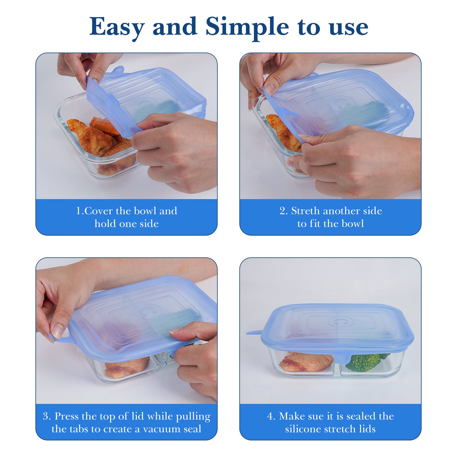 Linkidea 12 Pcs Silicone Stretch Lids, Flexible Round & Rectangle Fit 2.6\" - 8.1\", Stretchy Silicone Lids for Food Storage, Different Sizes Reusable Silicone Bowl Covers (Blue & White)